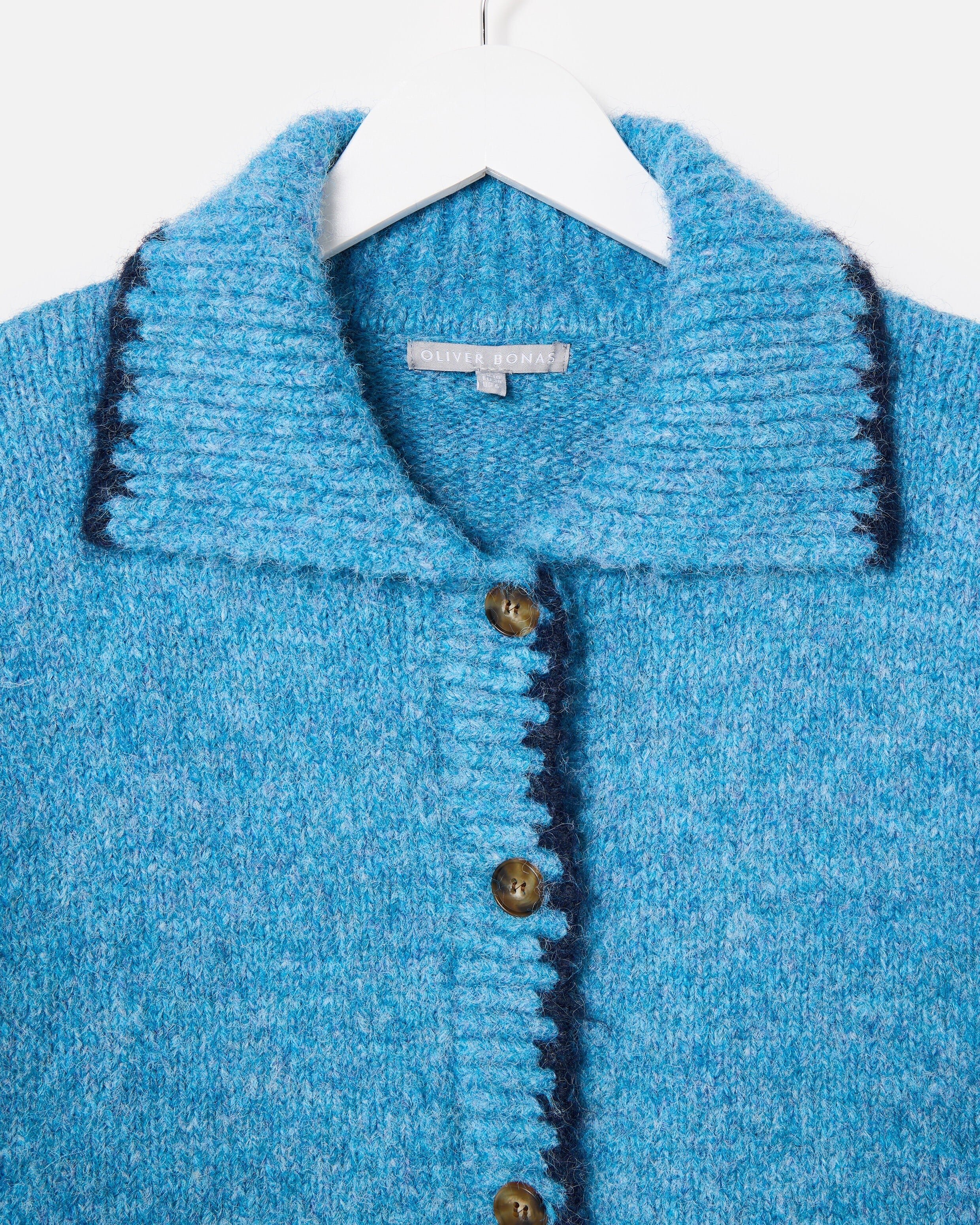 Blue Blanket Stitch Collared Button Up Knitted Cardigan | Oliver Bonas