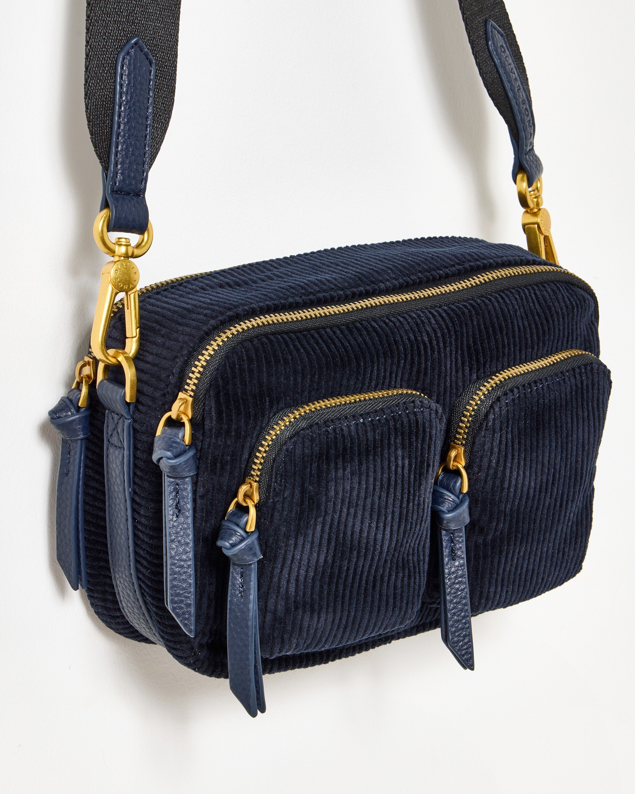 Evie Navy Blue Corduroy Double Pocket Crossbody Bag Oliver Bonas