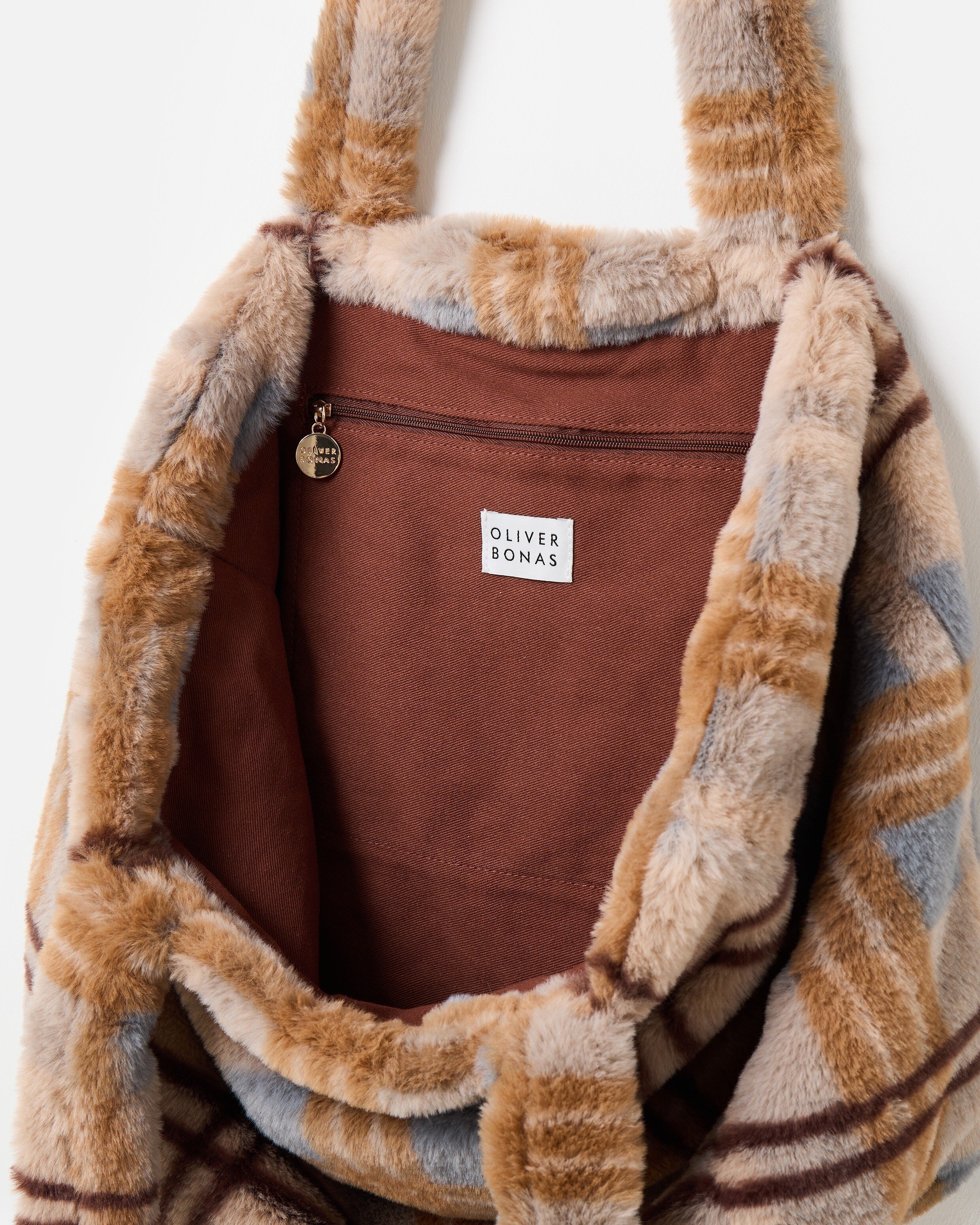 Brown Checked Faux Fur Tote Bag | Oliver Bonas