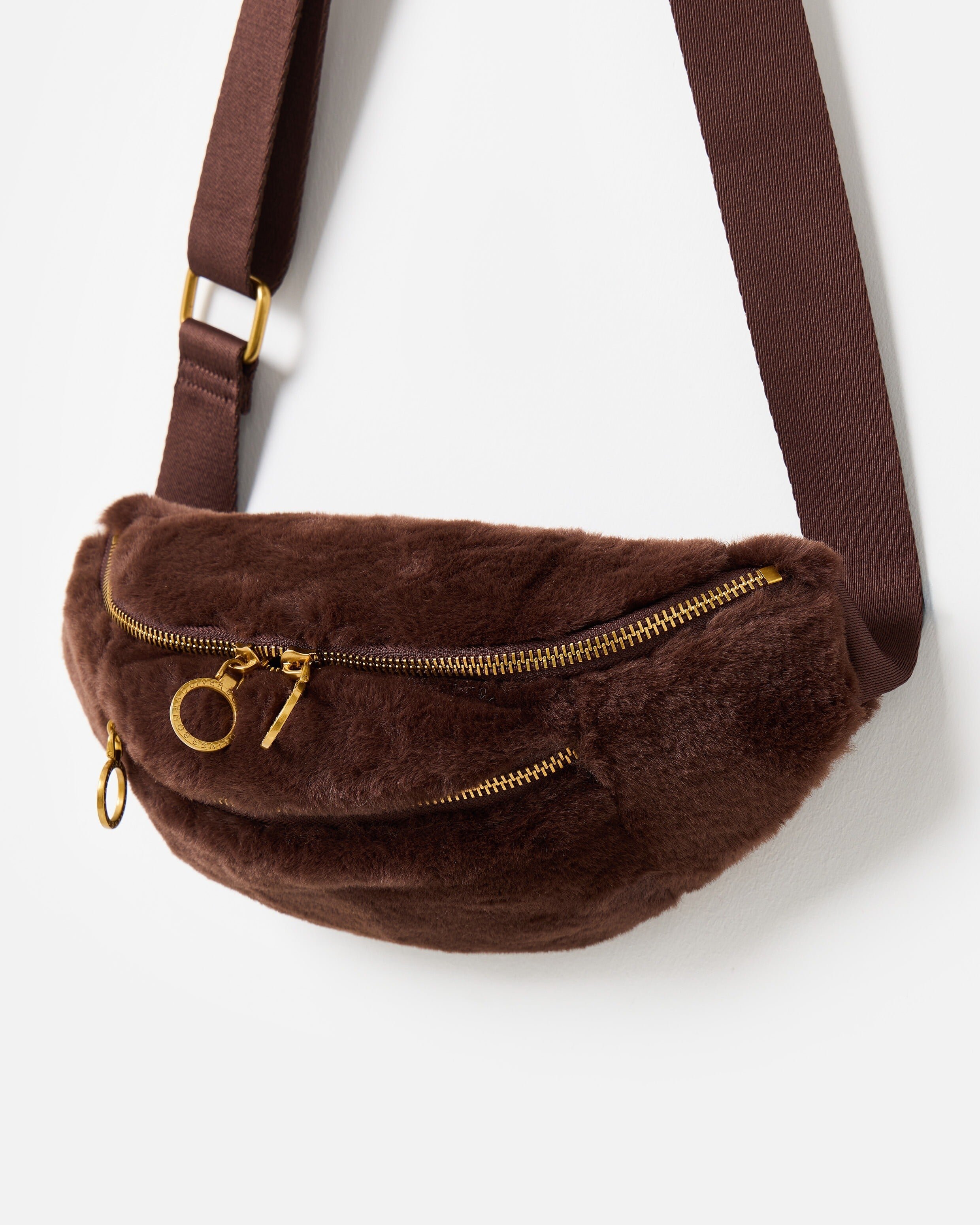 Lexi Chocolate Brown Faux Fur Double Zip Belt Bag | Oliver Bonas