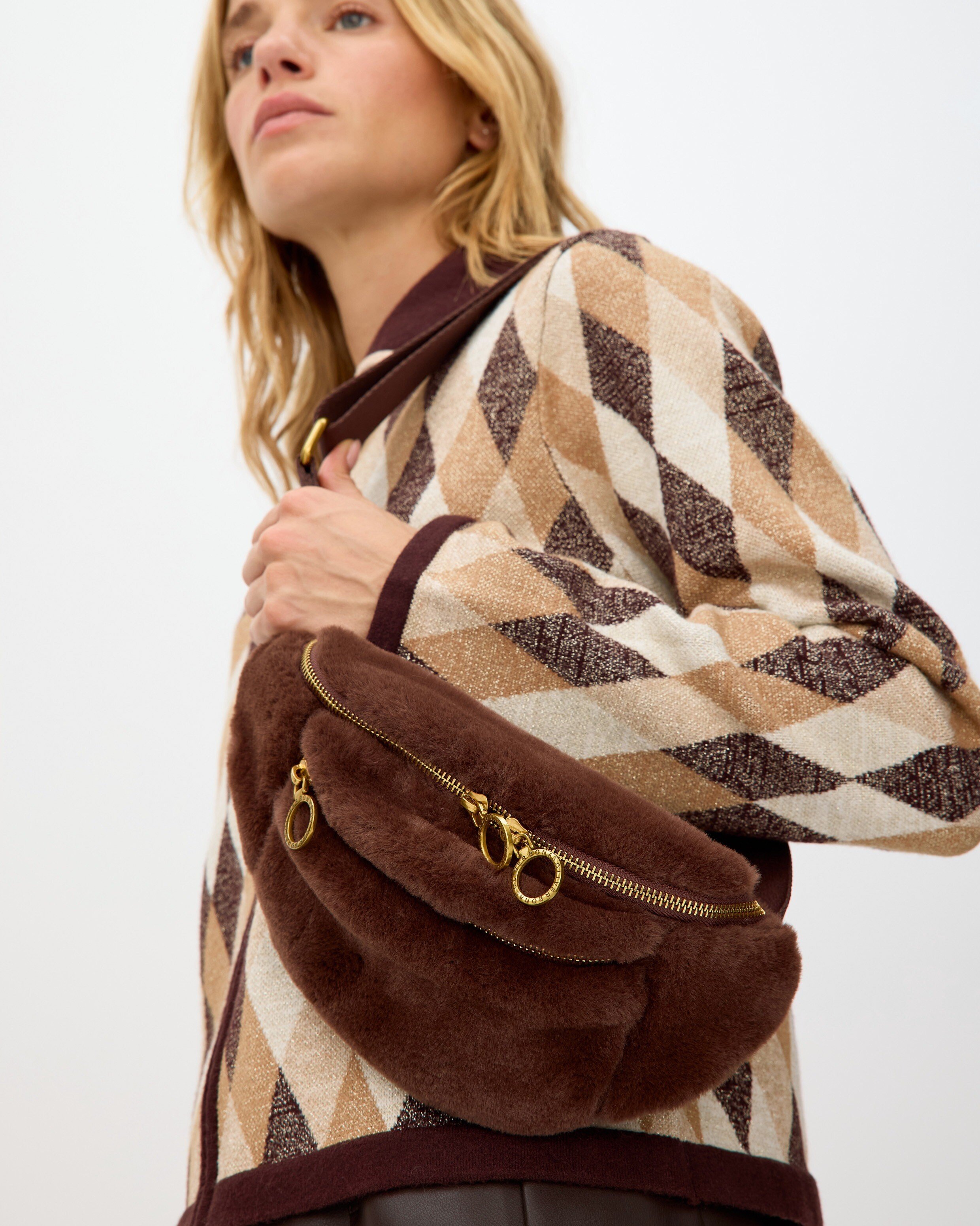 Lexi Chocolate Brown Faux Fur Double Zip Belt Bag | Oliver Bonas