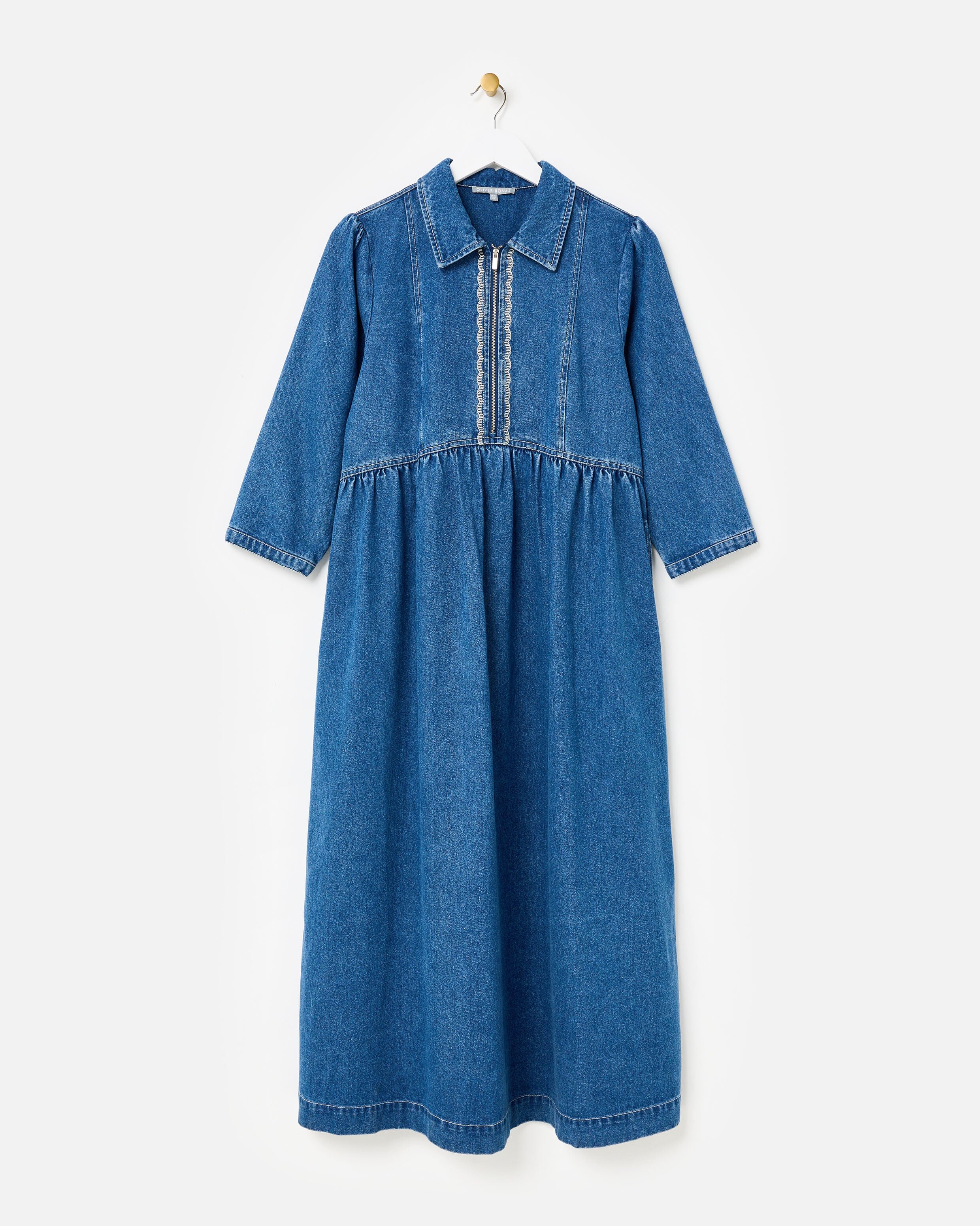 Blue Denim Zip Front Collared Midi Dress | Oliver Bonas