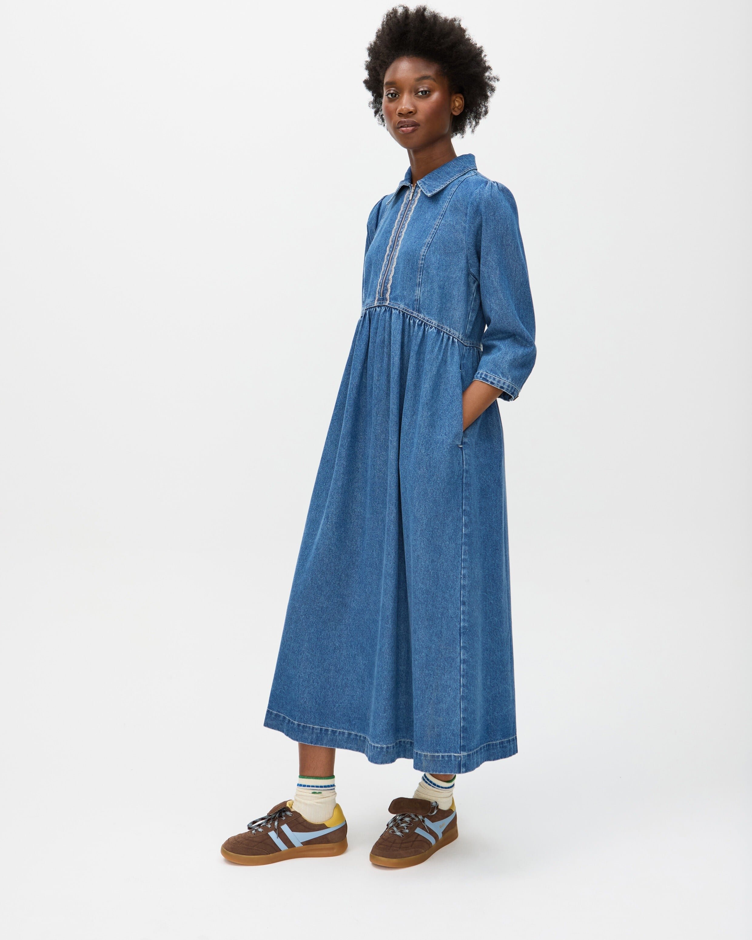 【新品未使用】HELLO LUPO blue denim 18-24m Blue Denim Zip Front Collared Midi Dress | Oliver Bonas