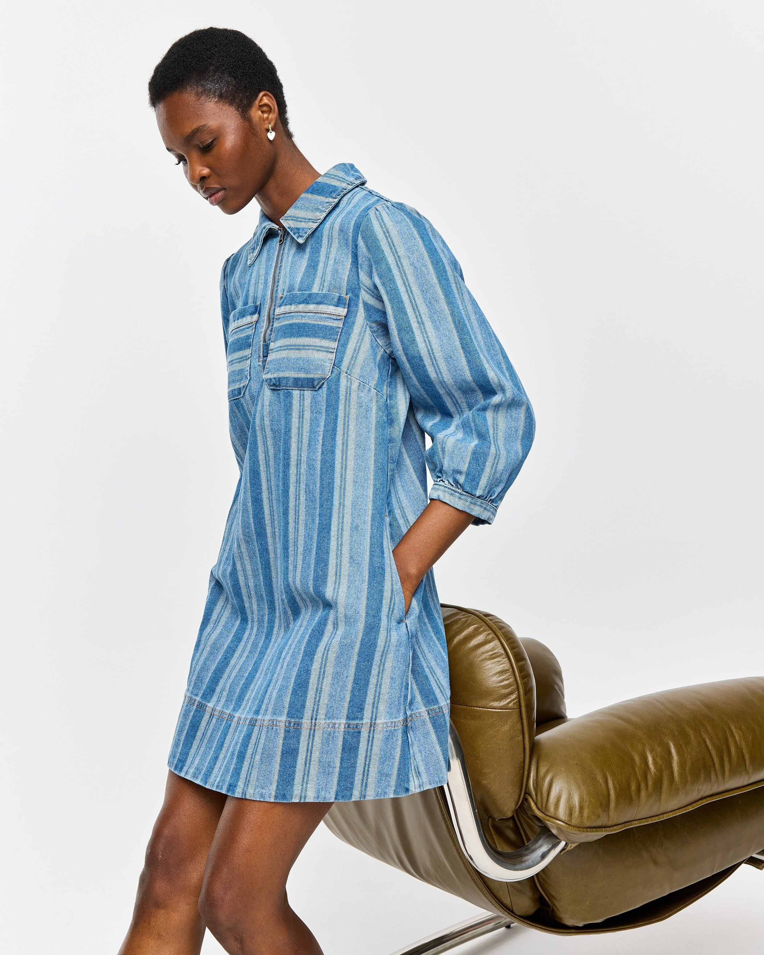 Blue Denim Striped Half Zip Mini Dress | Oliver Bonas