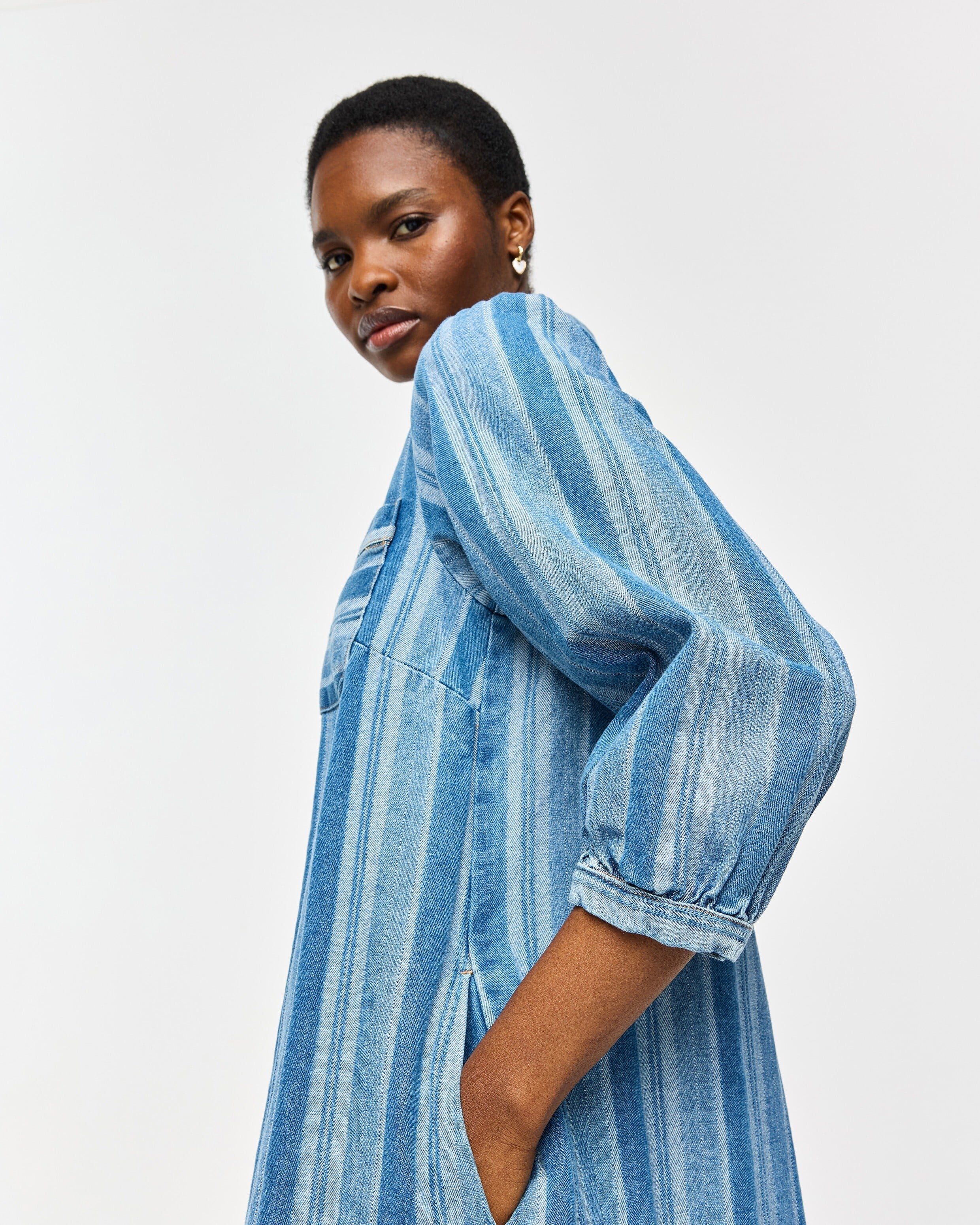 Blue Denim Striped Half Zip Mini Dress | Oliver Bonas