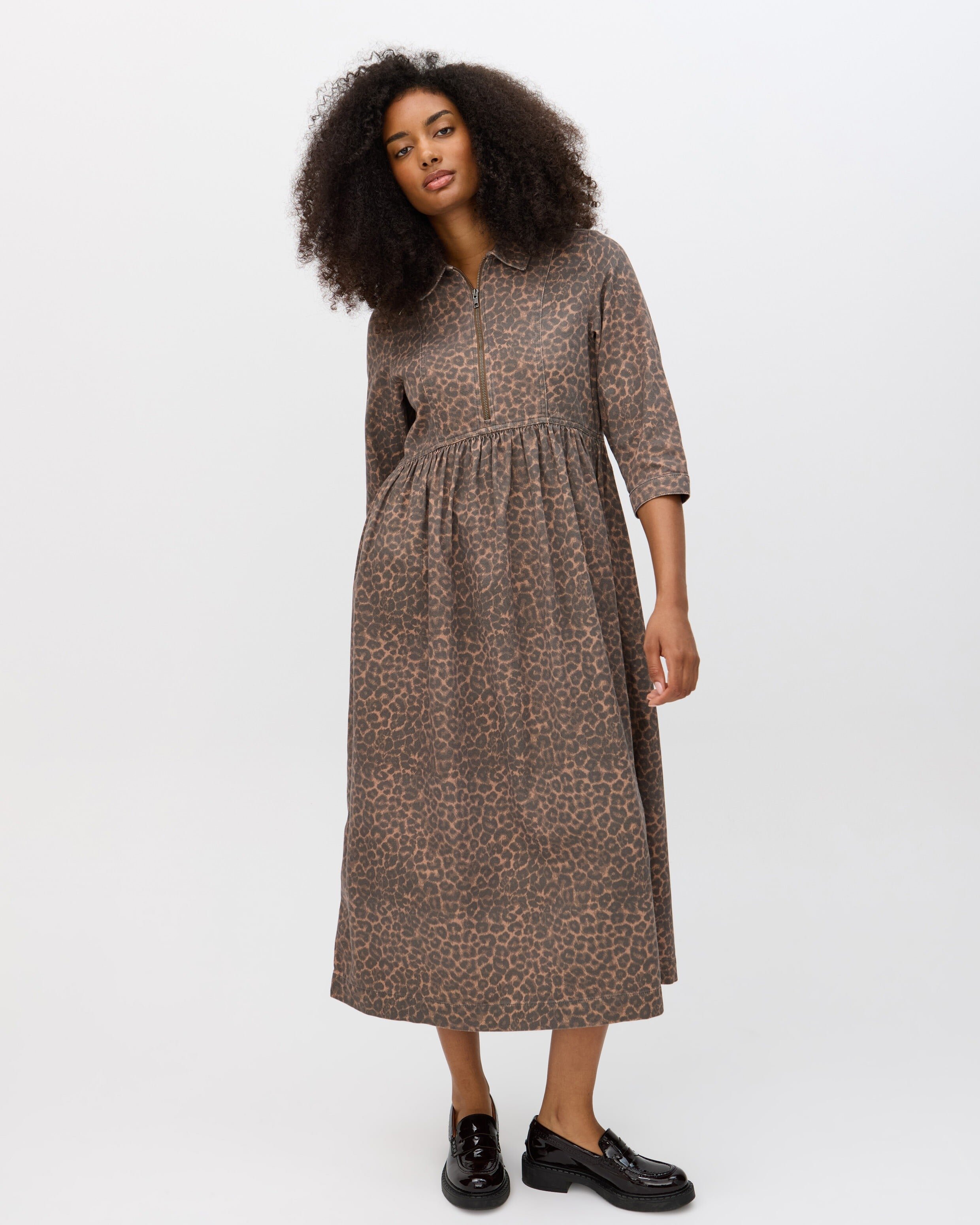 Brown Animal Print Denim Zip Front Collared Midi Dress | Oliver Bonas