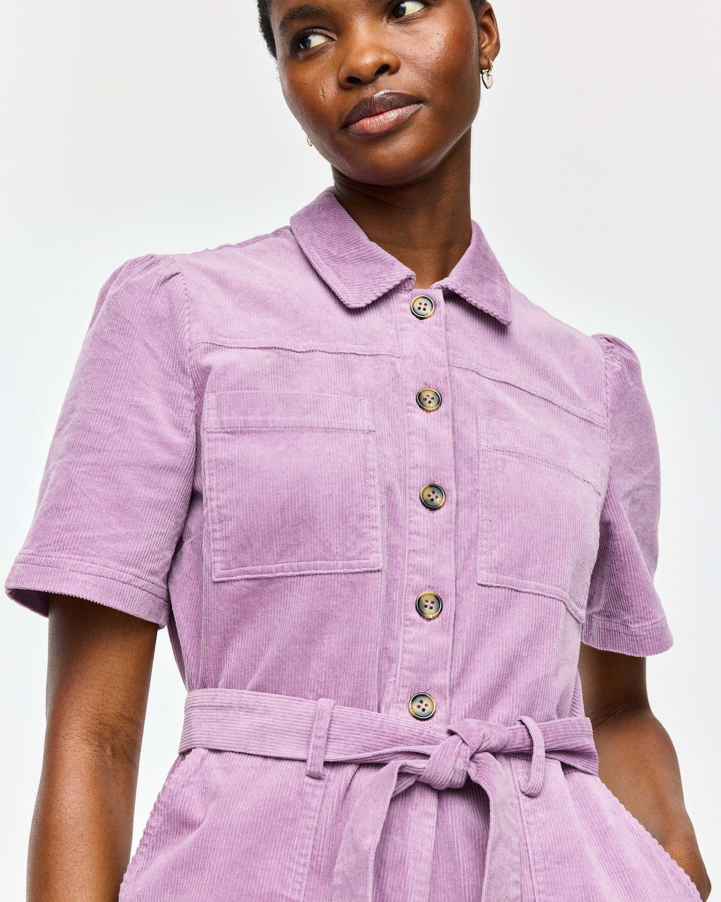 Lilac Corduroy Button Up Tie Waist Jumpsuit | Oliver Bonas