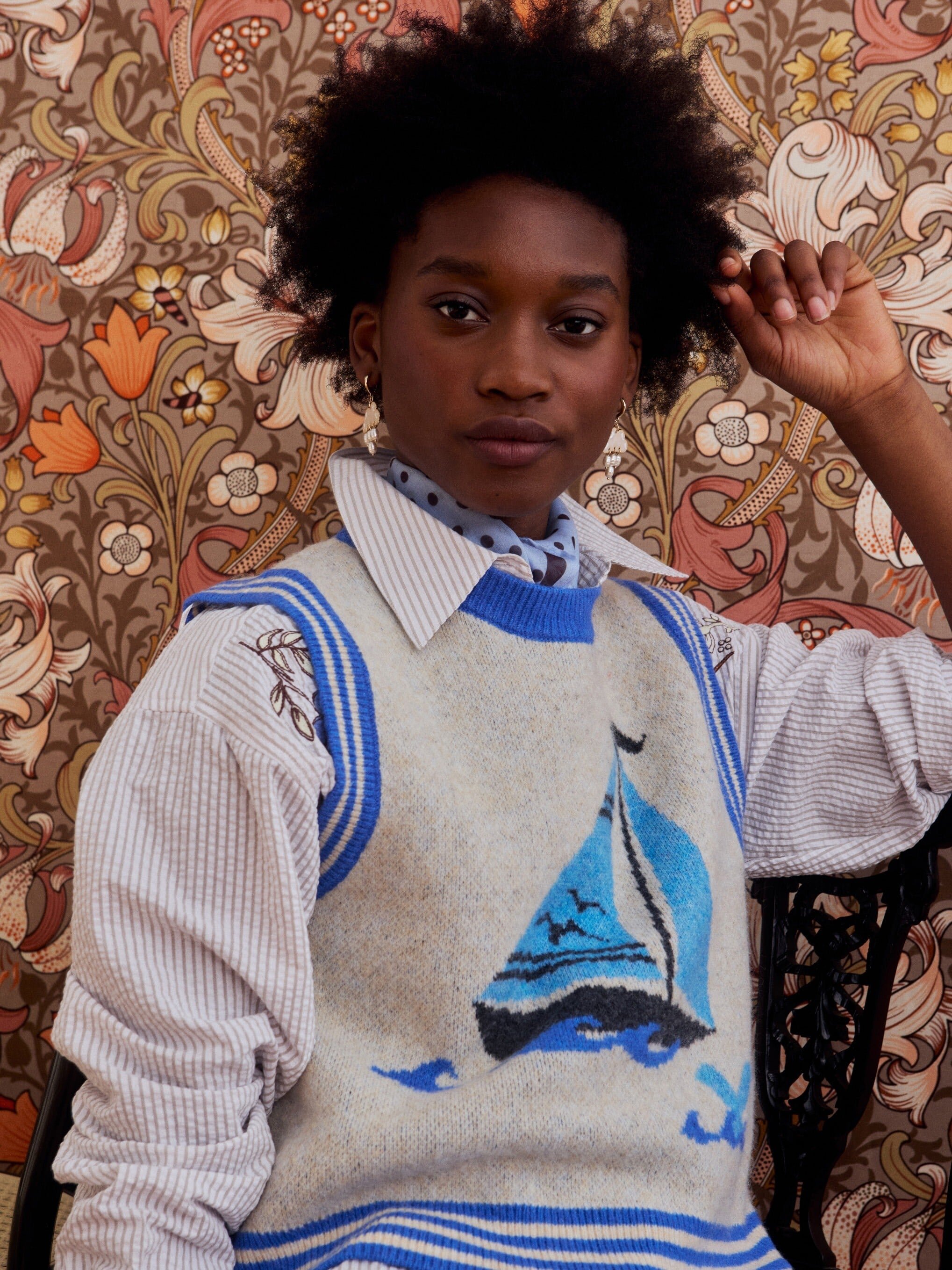 Cream & Blue Boat Knitted Tank Top | Oliver Bonas
