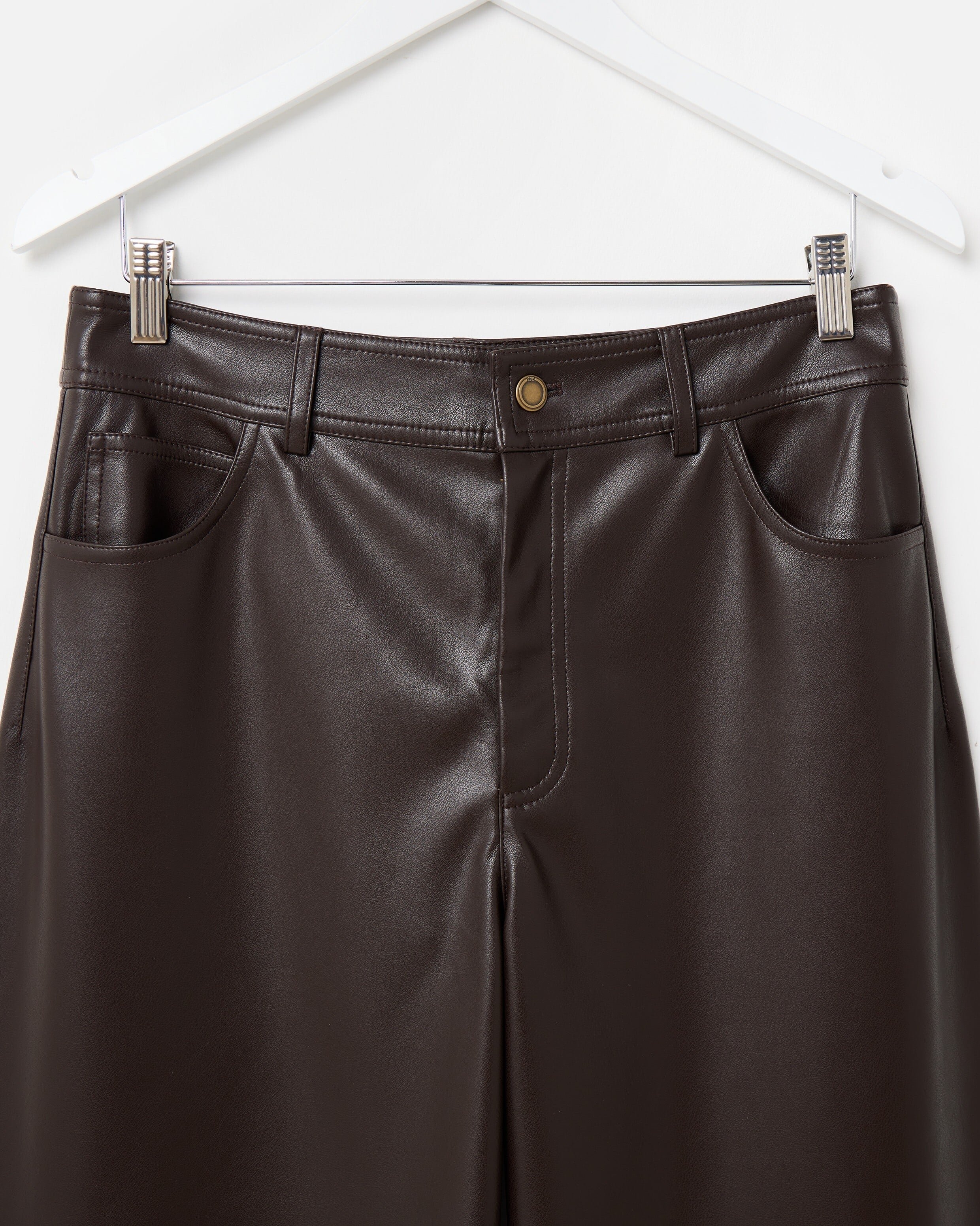 Chocolate Brown Faux Leather Cropped Wide Leg Trousers | Oliver Bonas