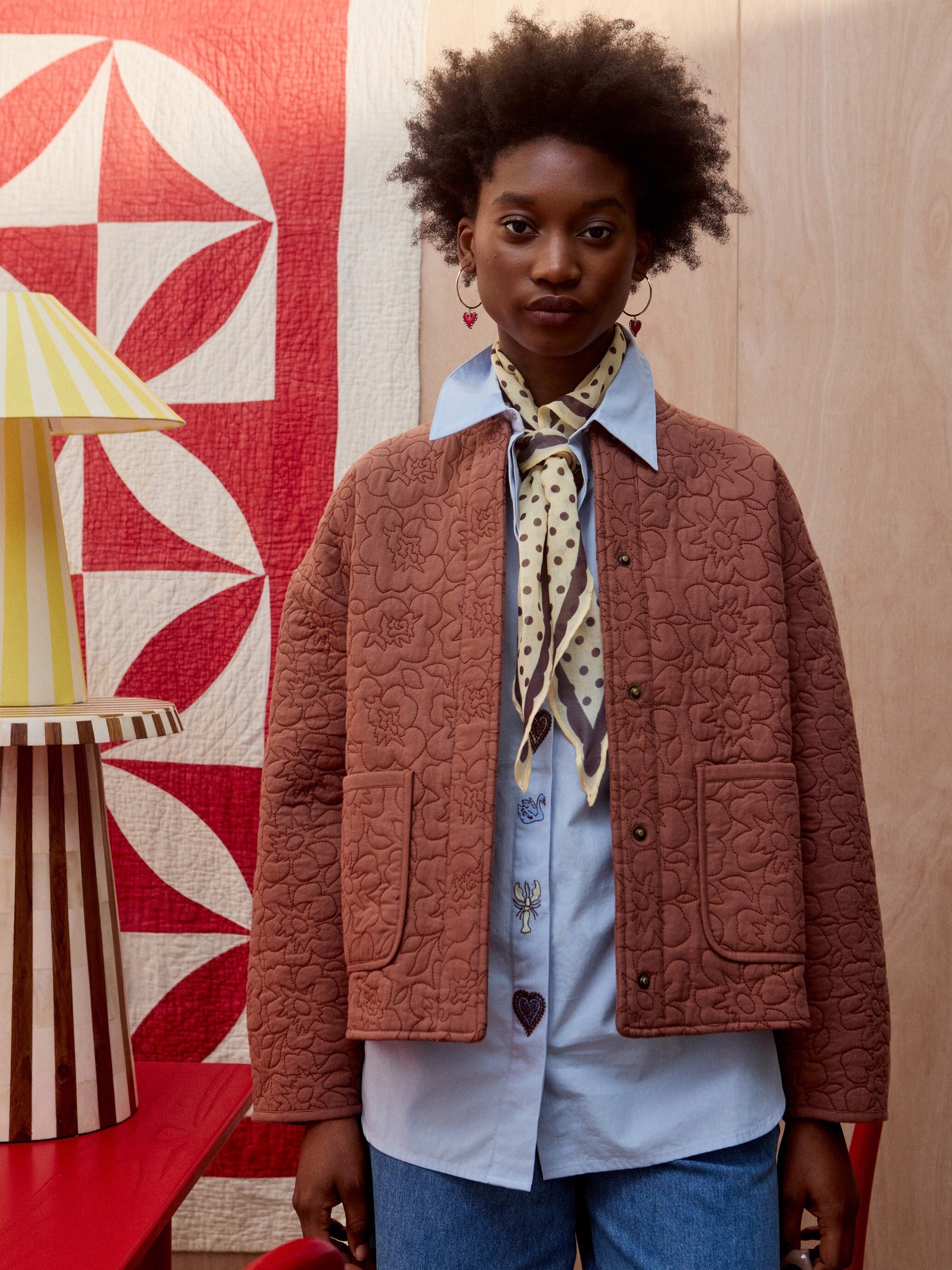 Mocha Brown Floral Quilted Jacket | Oliver Bonas