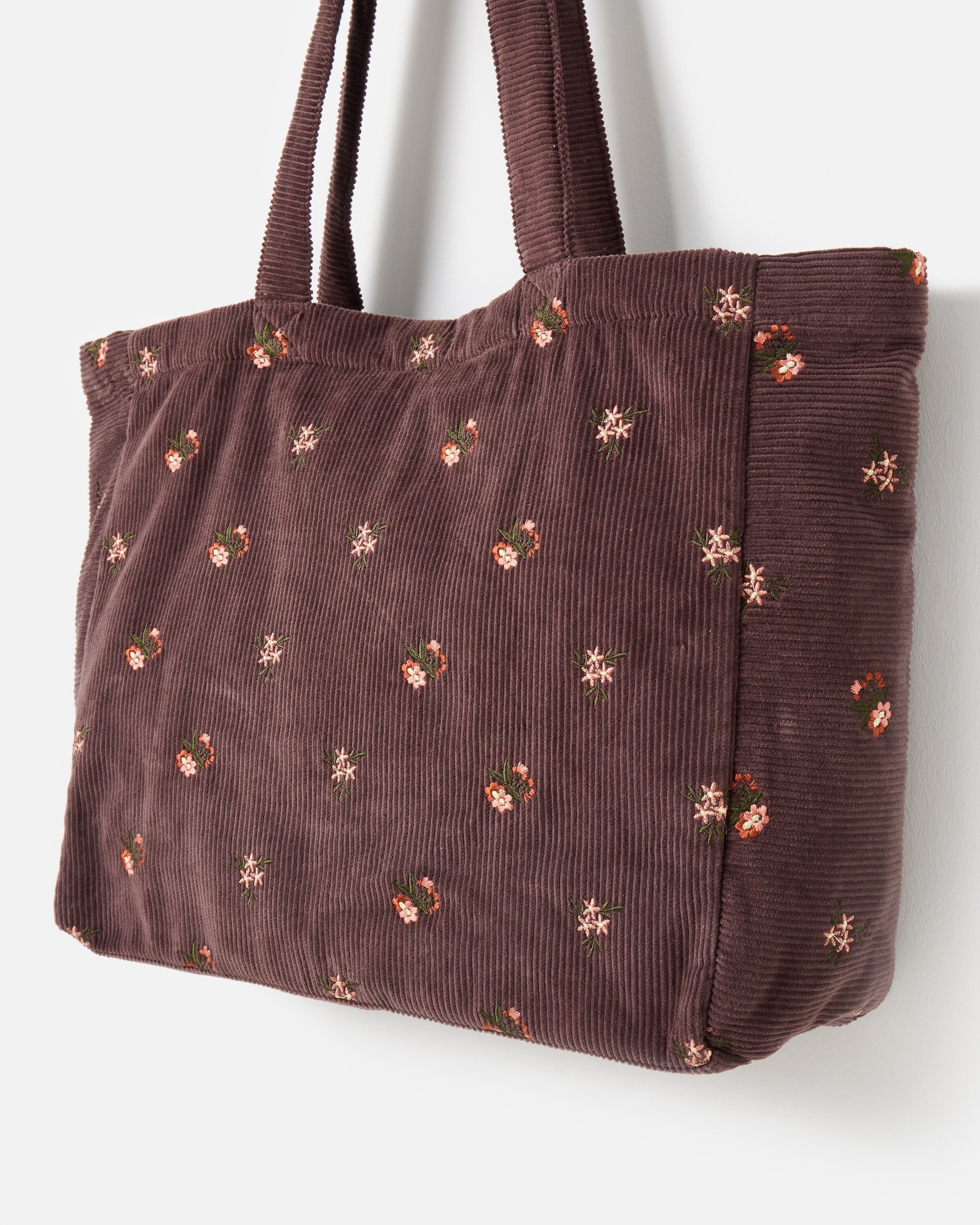 Chocolate Brown Floral Embroidered Corduroy Tote Shopper Bag