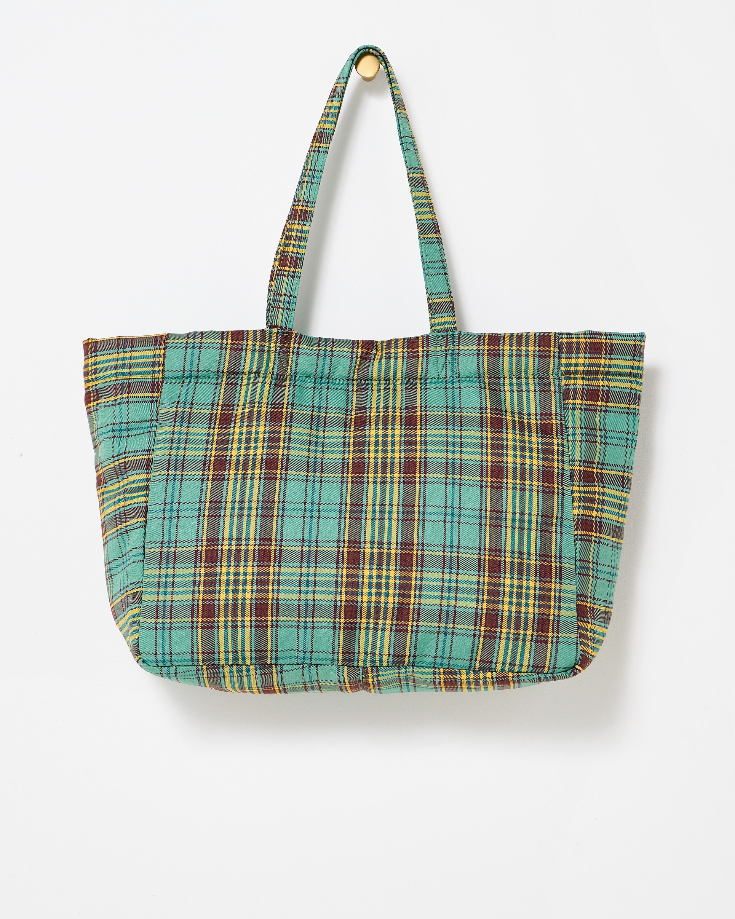 Mena Green & Brown Checked Logo Tote Shopper Bag | Oliver Bonas