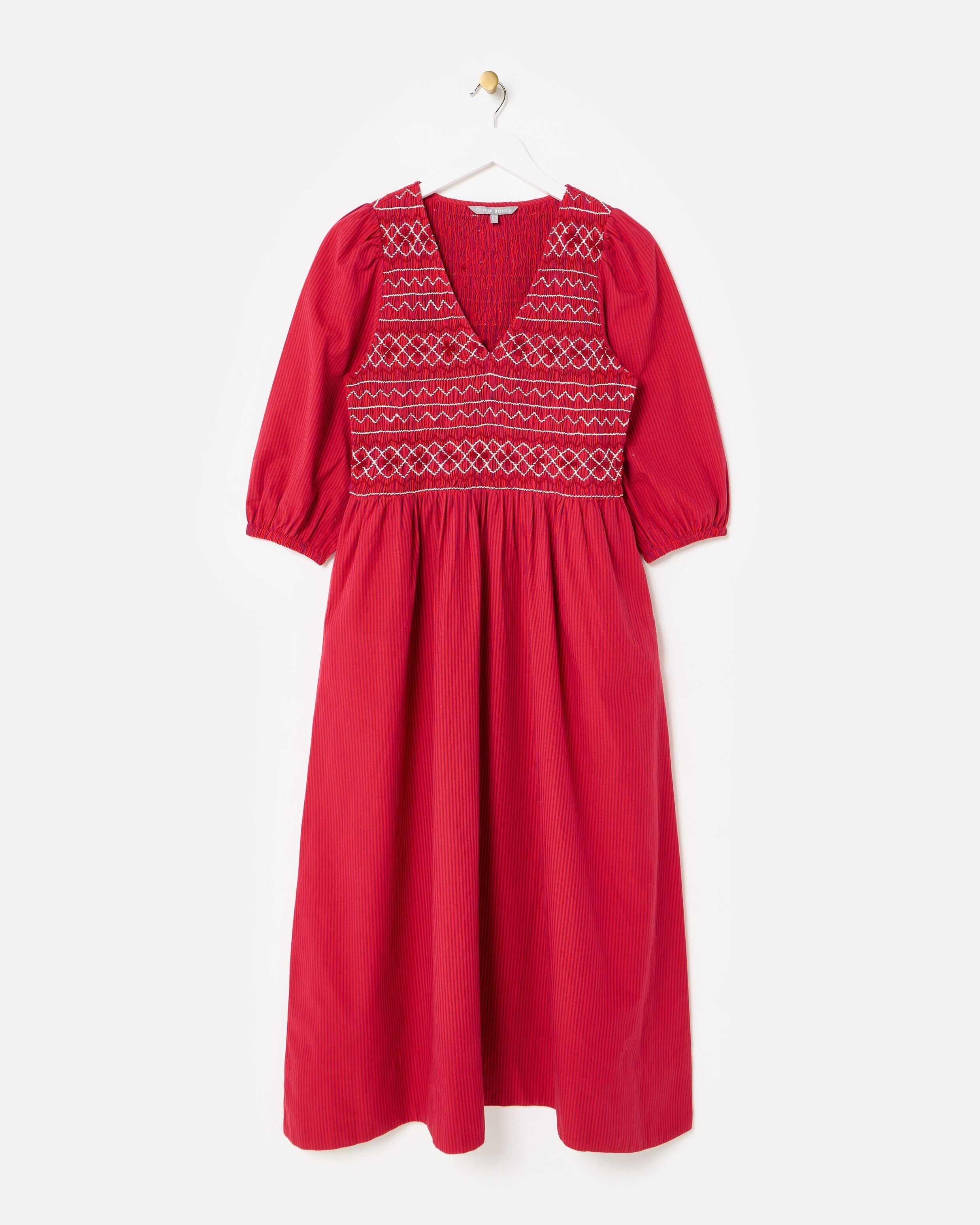 Red & Purple Striped Shirred Bodice V-Neck Midi Dress | Oliver Bonas