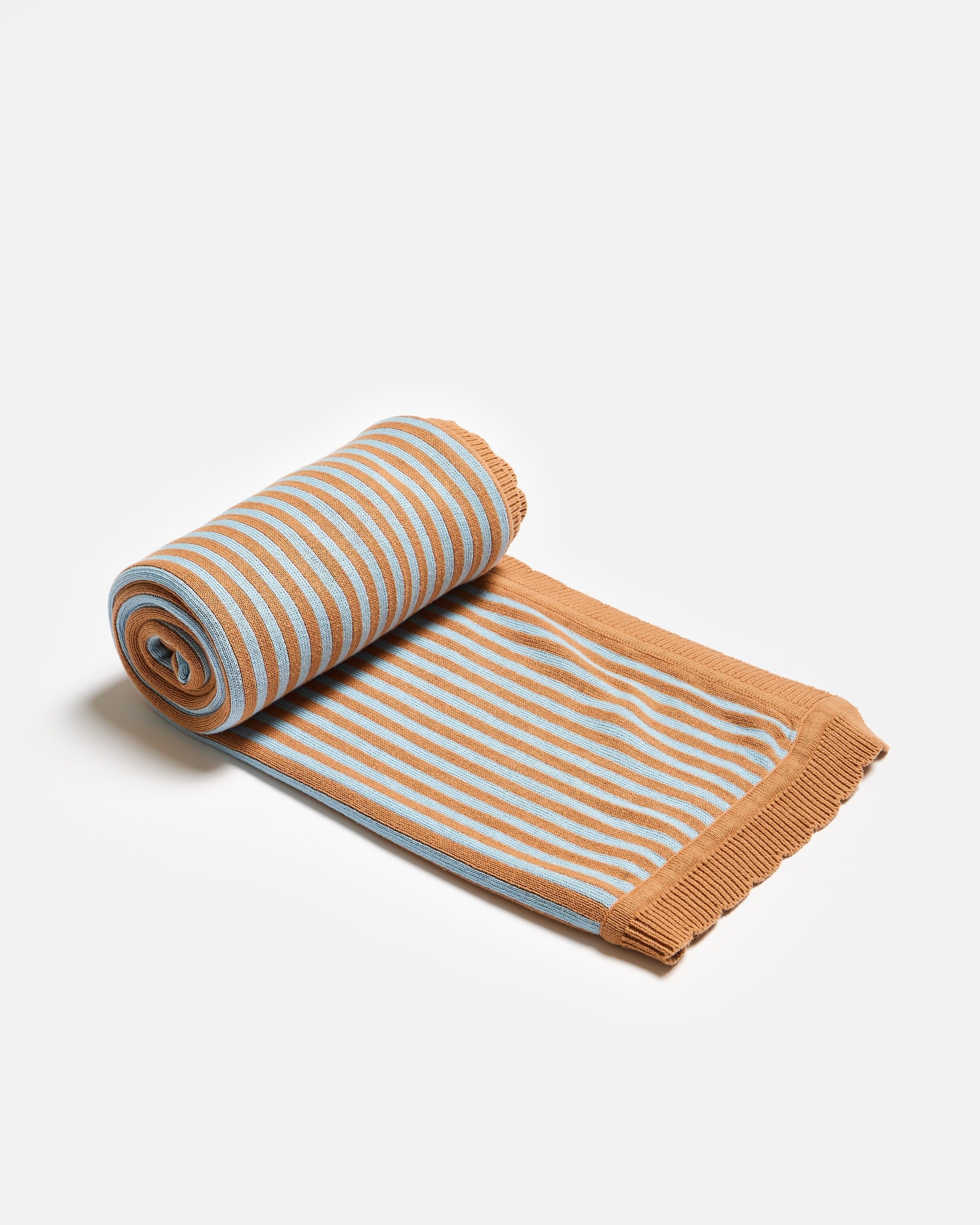 Blue & Terracotta Stripe Knitted Throw | Oliver Bonas
