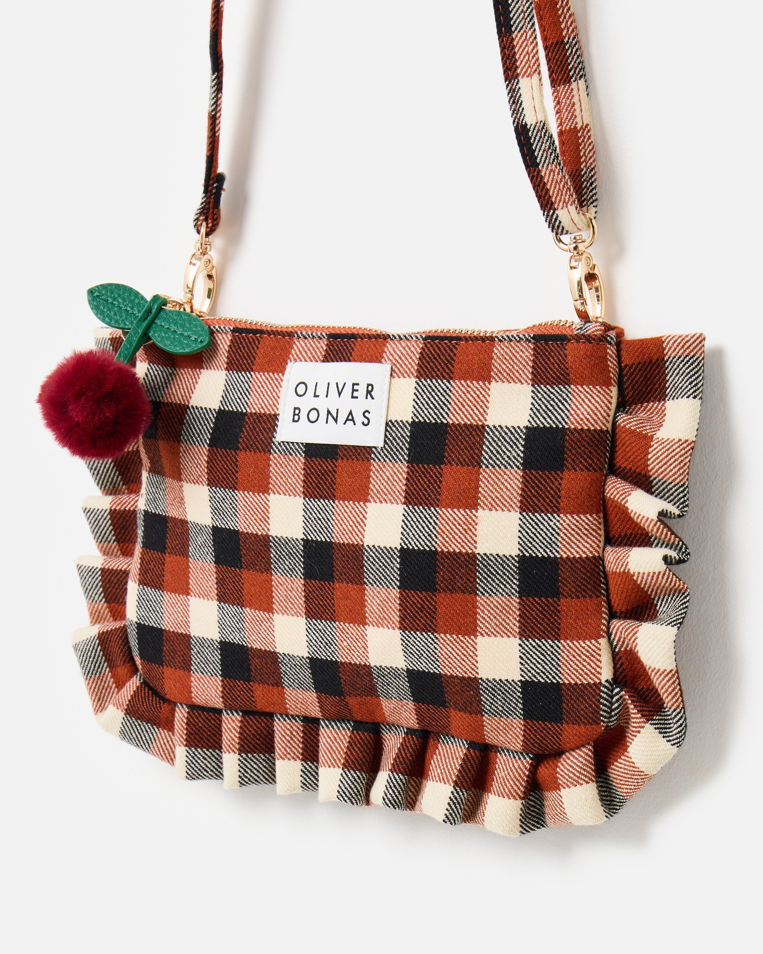 Amy Burnt Orange & Black Checked Ruffle Pouch Crossbody Bag