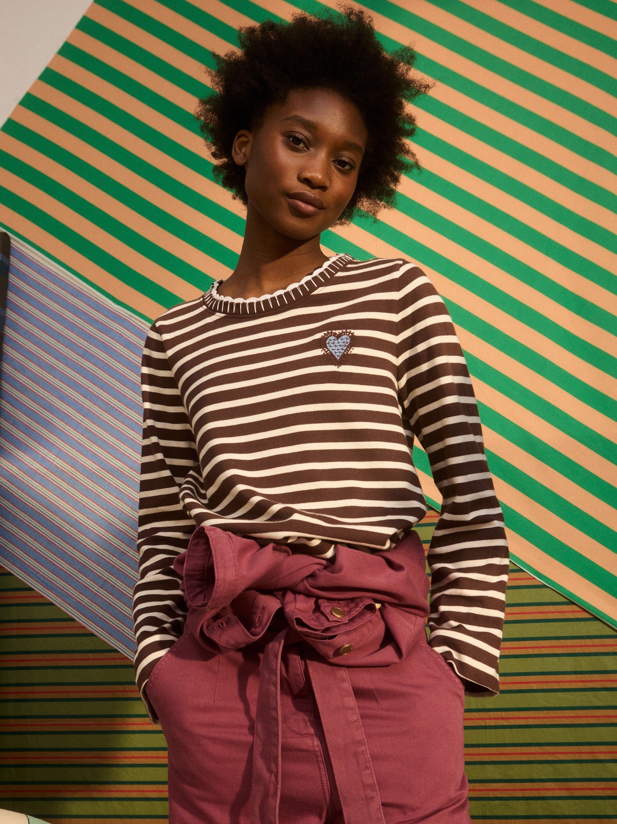 Chocolate Brown & White Striped Heart Embroidered Long Sleeve Top
