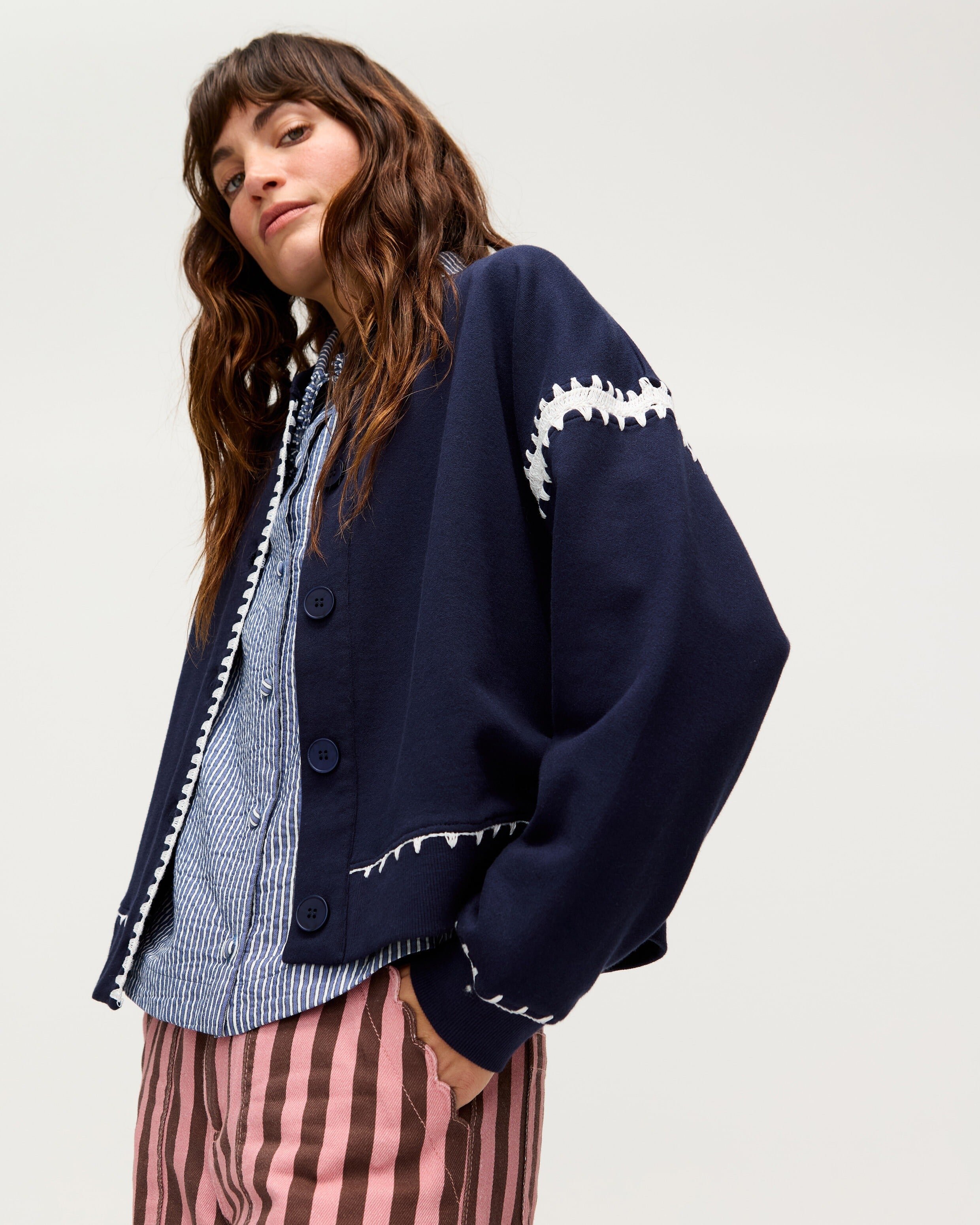 Navy Blue & White Crochet Trim Bomber Jacket | Oliver Bonas