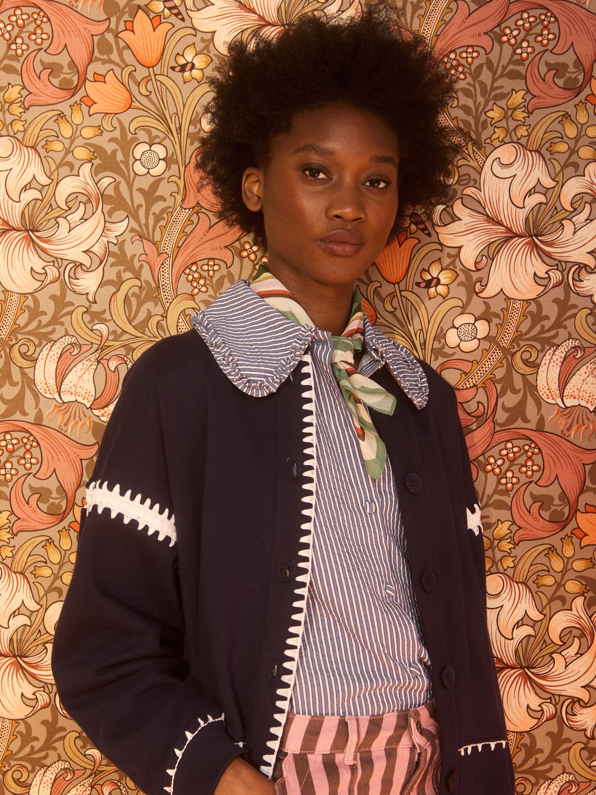 Navy Blue & White Crochet Trim Bomber Jacket | Oliver Bonas