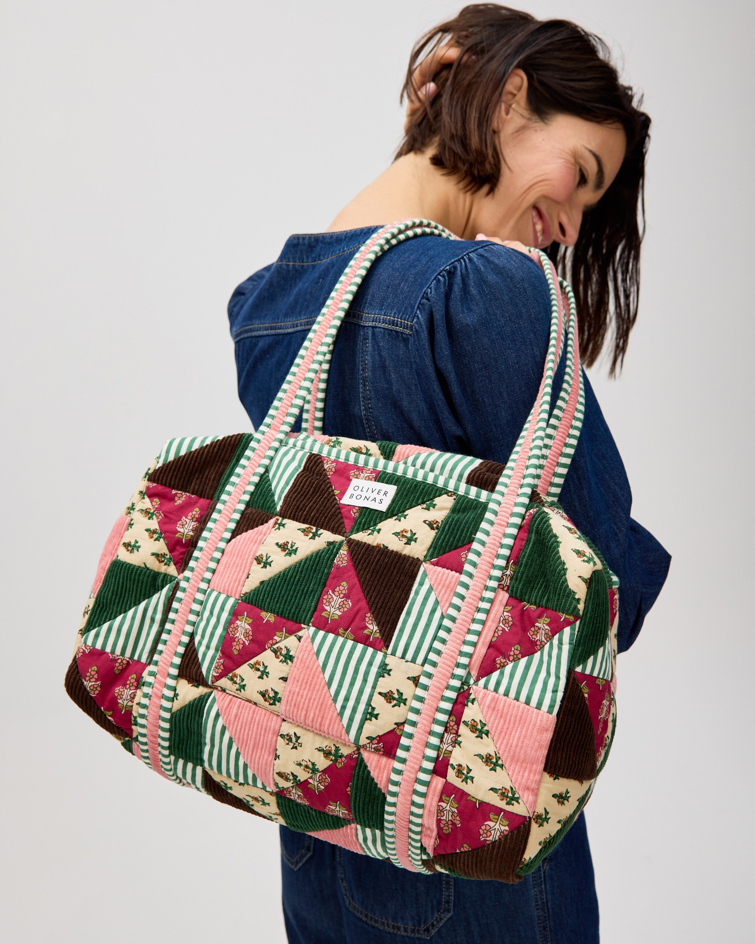 Emily Dark Green Corduroy Patchwork Quilted Bag | Oliver Bonas