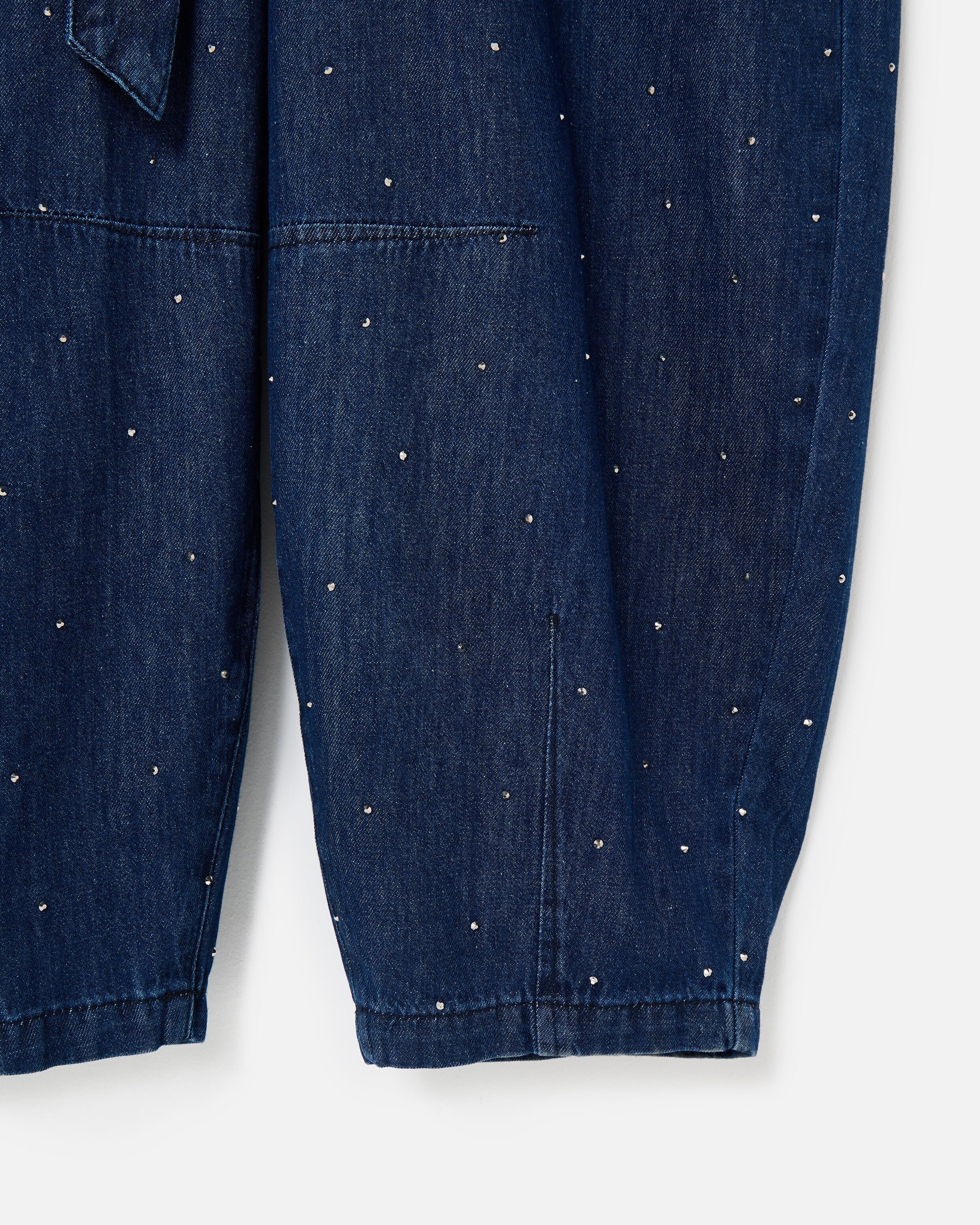 Dark Blue Denim Hot Fix Sparkle Tie Waist Jumpsuit | Oliver Bonas