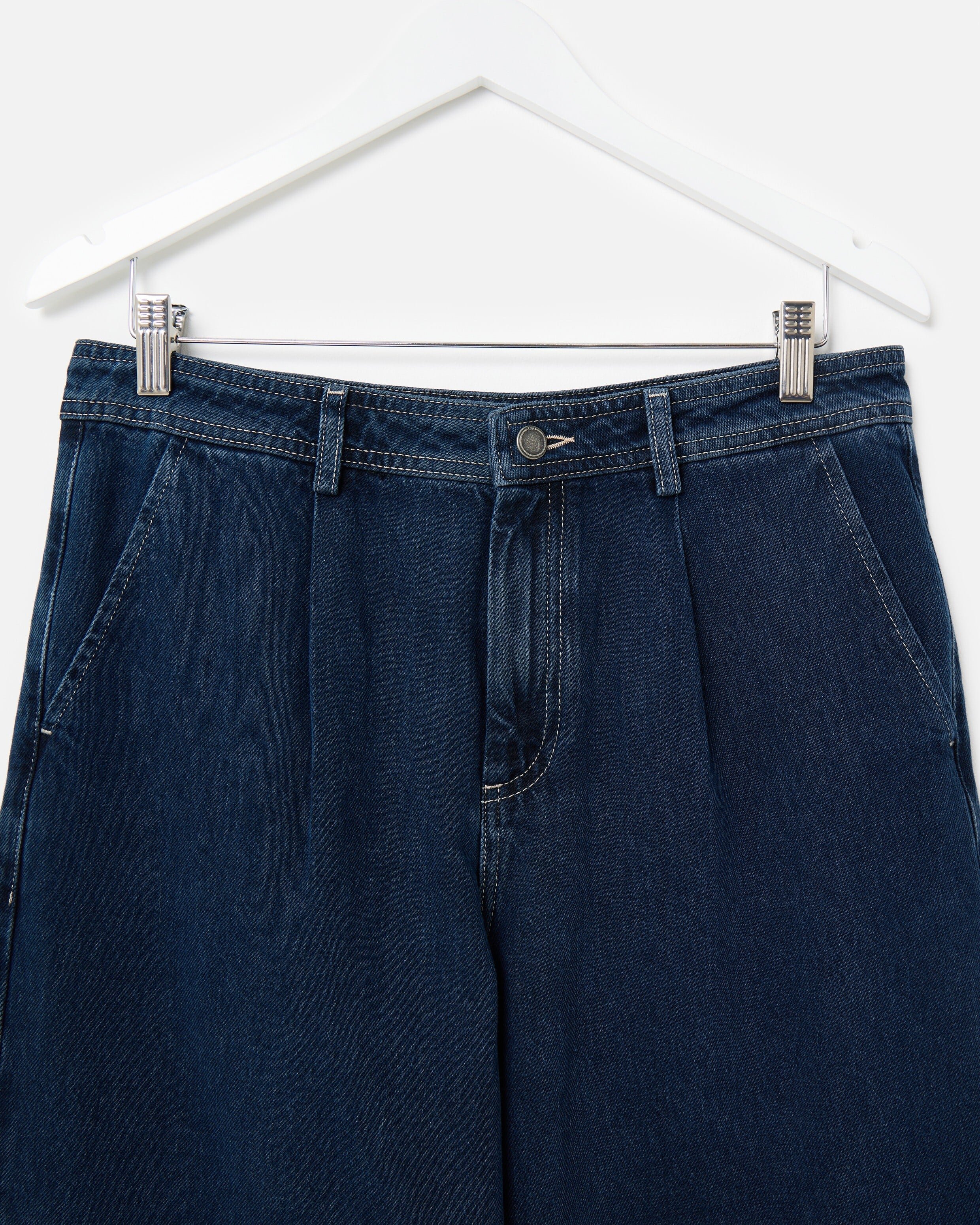 Dark Blue Denim Pleat Waist Wide Leg Jeans | Oliver Bonas