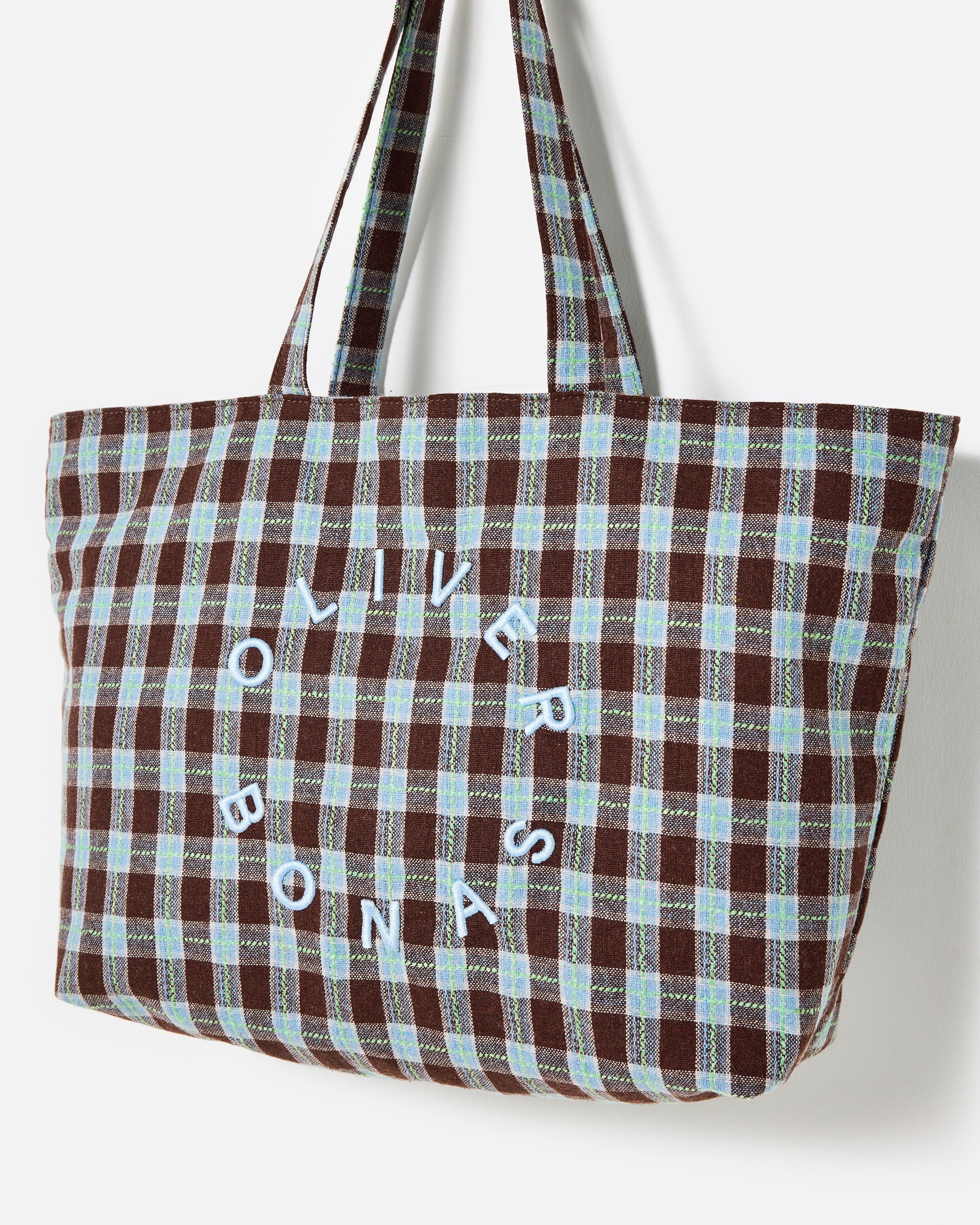 Chocolate Brown & Blue Checked Logo Fabric Tote Shopper Bag