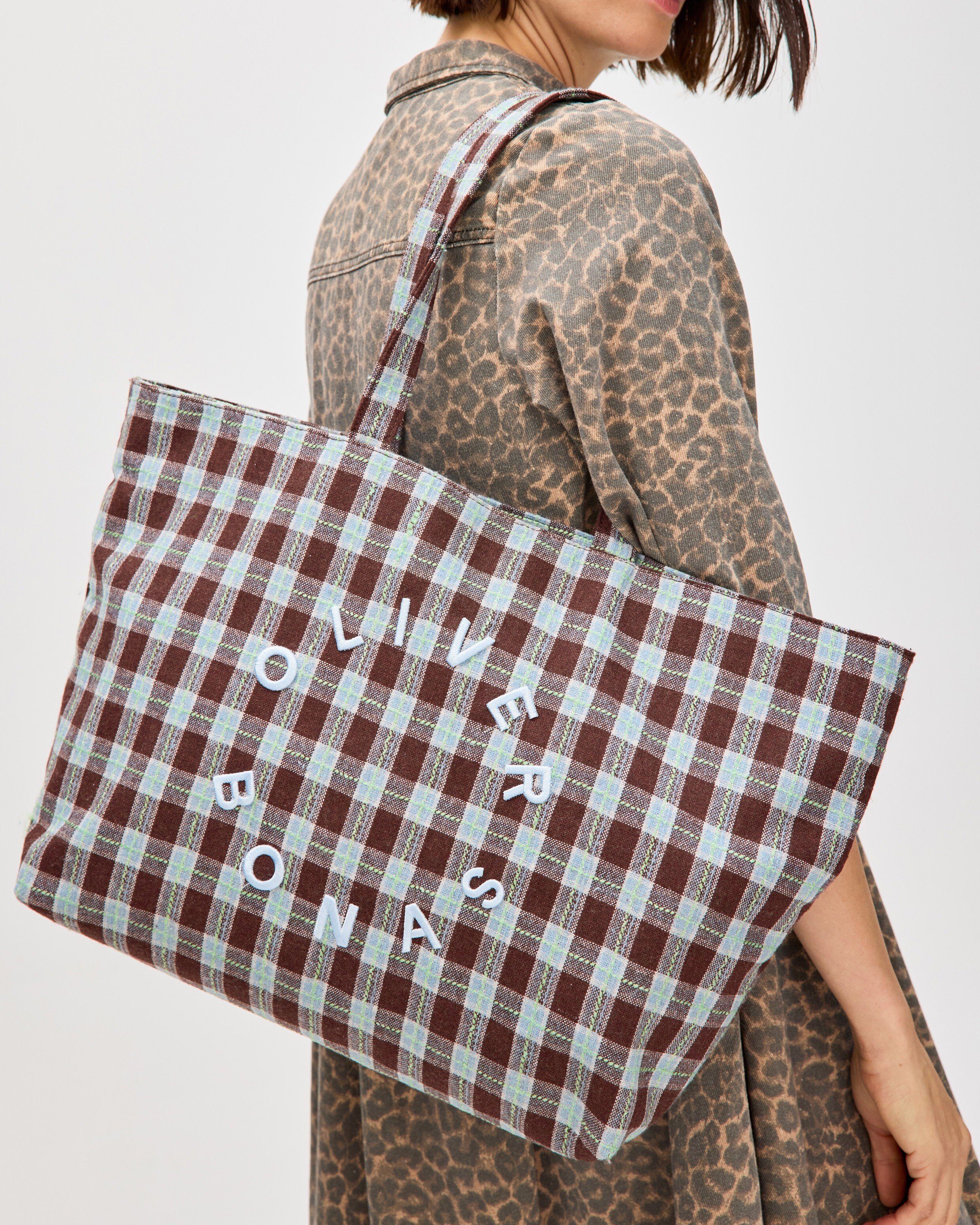 Chocolate Brown & Blue Checked Logo Fabric Tote Shopper Bag