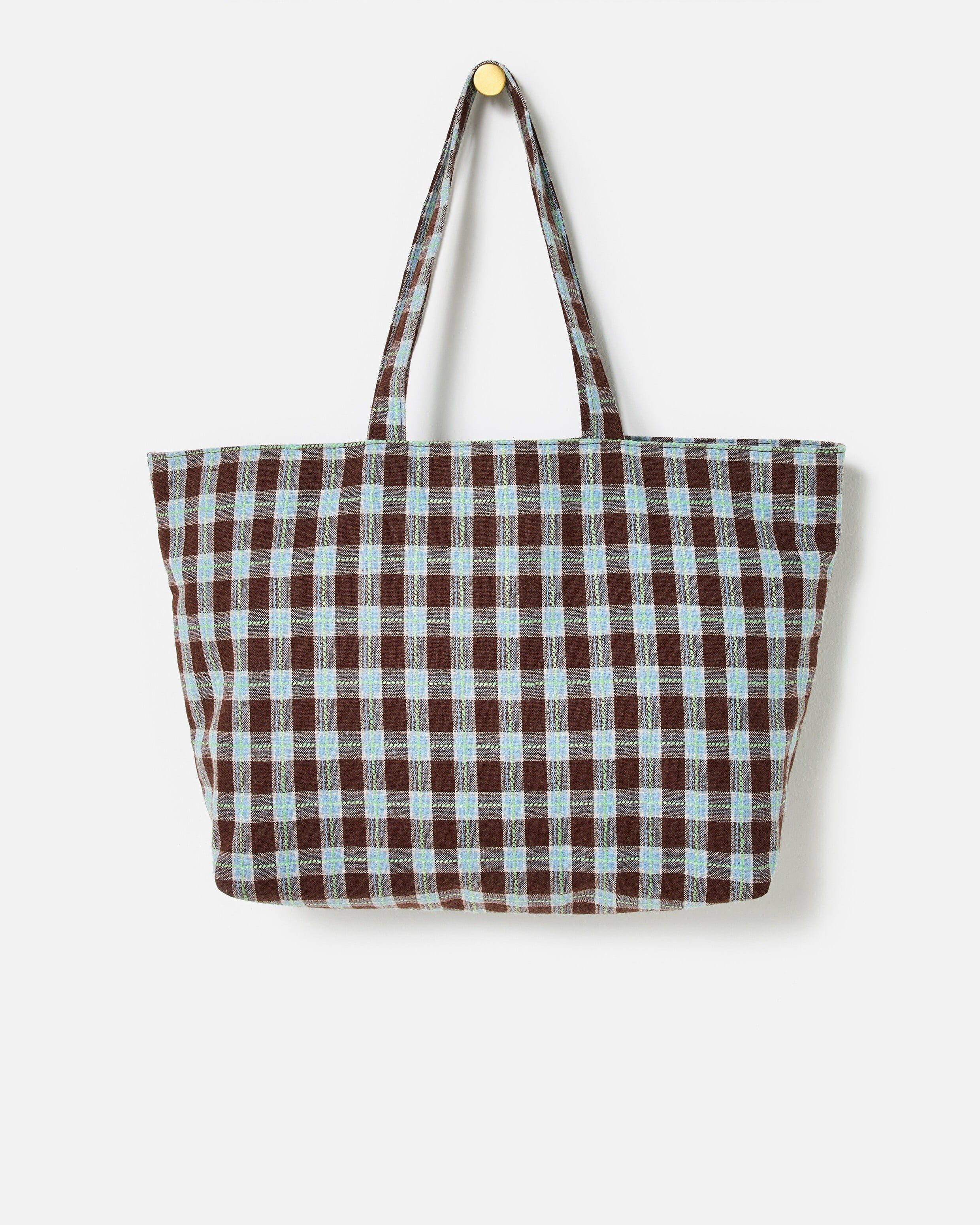 Chocolate Brown & Blue Checked Logo Fabric Tote Shopper Bag