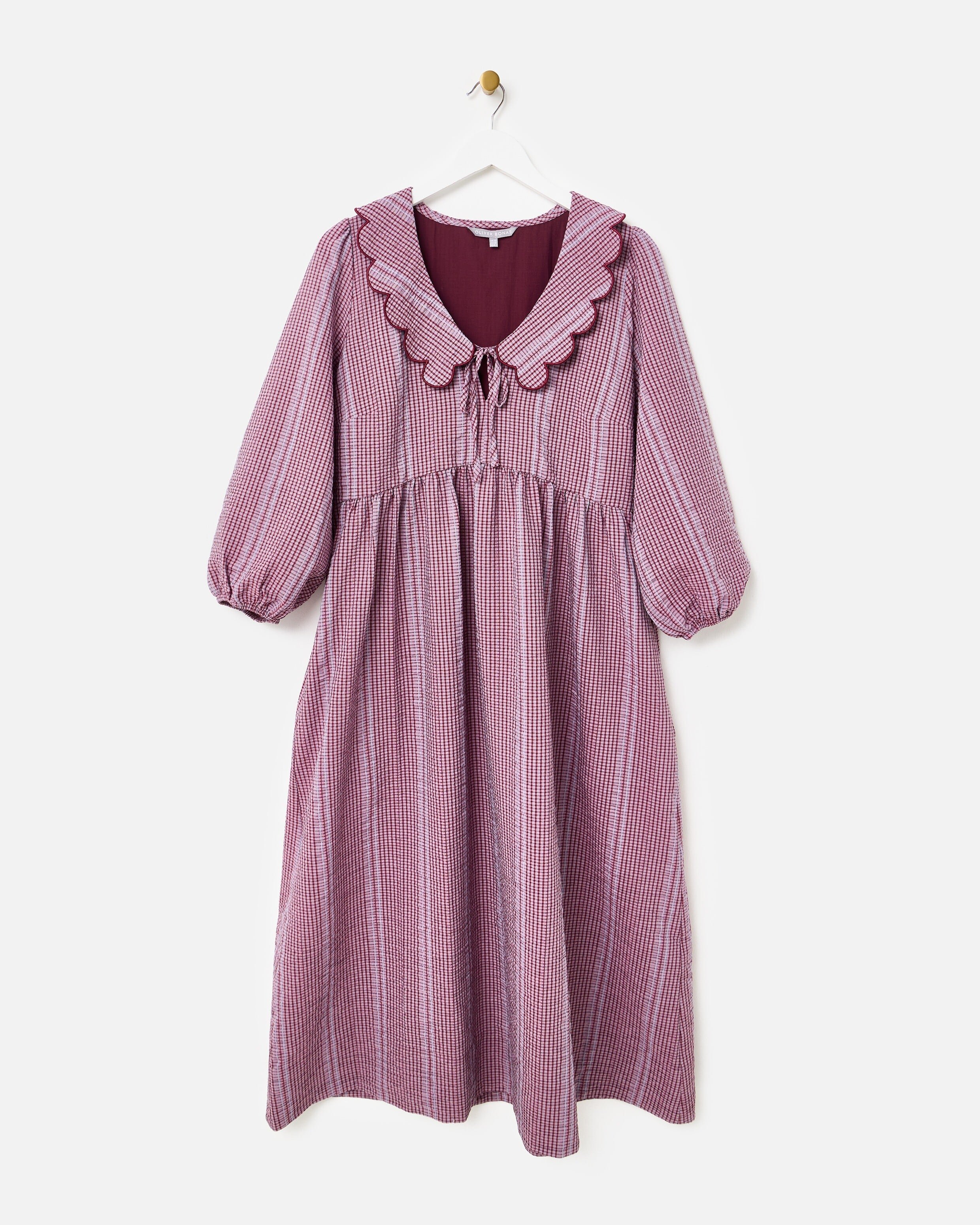 Burgundy Gingham Scalloped Collar Midi Dress