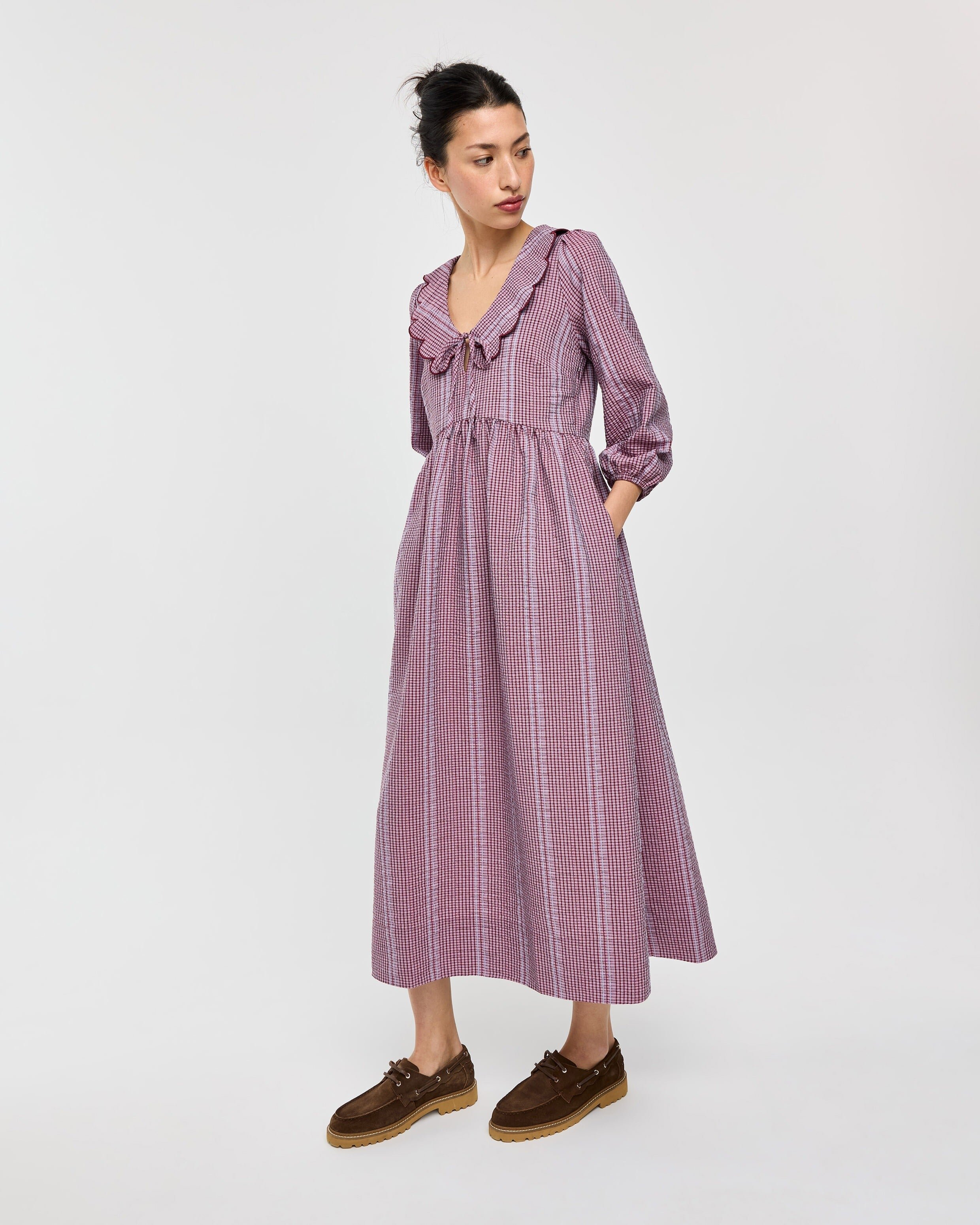Burgundy Gingham Scalloped Collar Midi Dress | Oliver Bonas IE Burgundy Gingham Scalloped Collar Midi Dress | Oliver Bonas IE