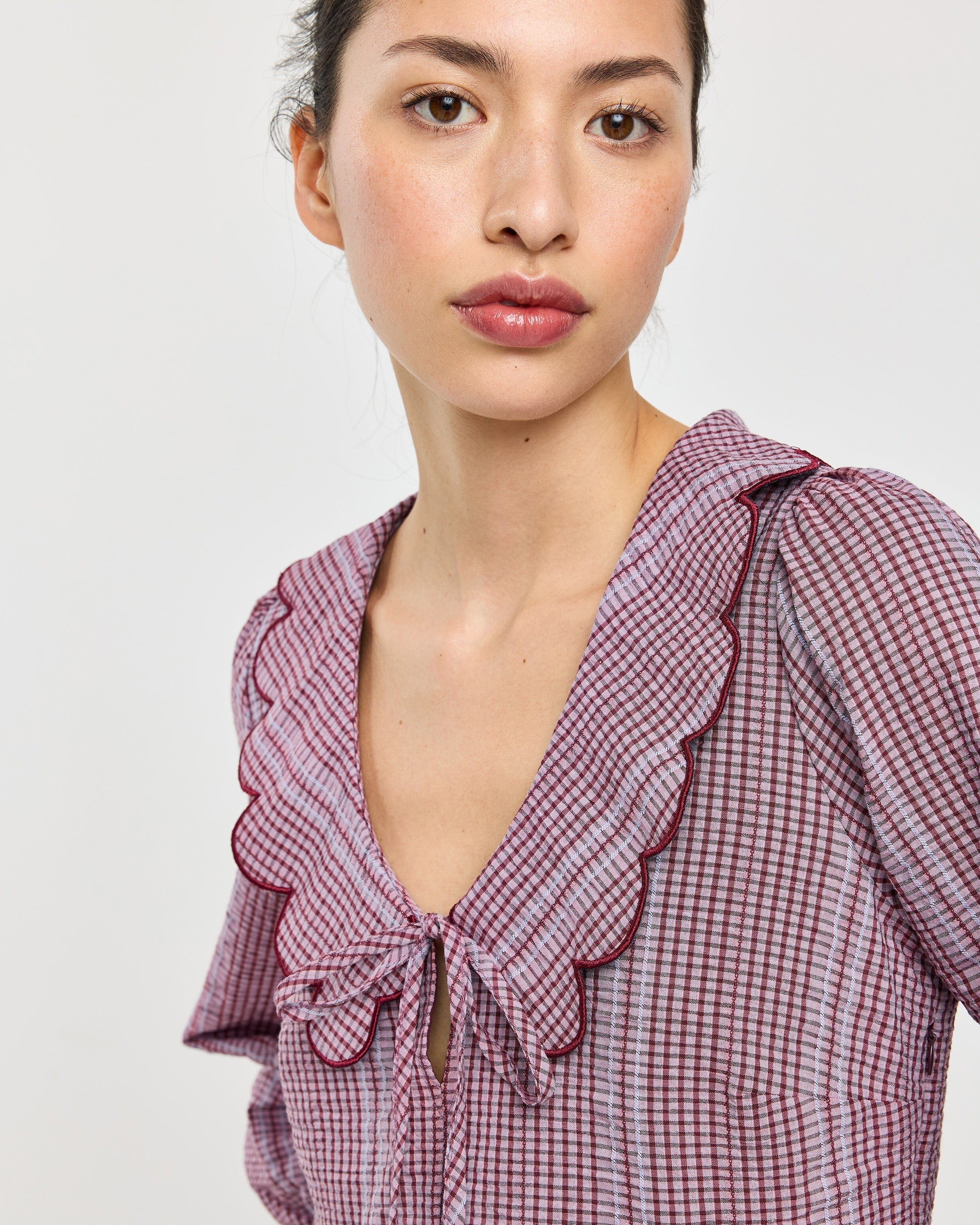 Burgundy Gingham Scalloped Collar Midi Dress