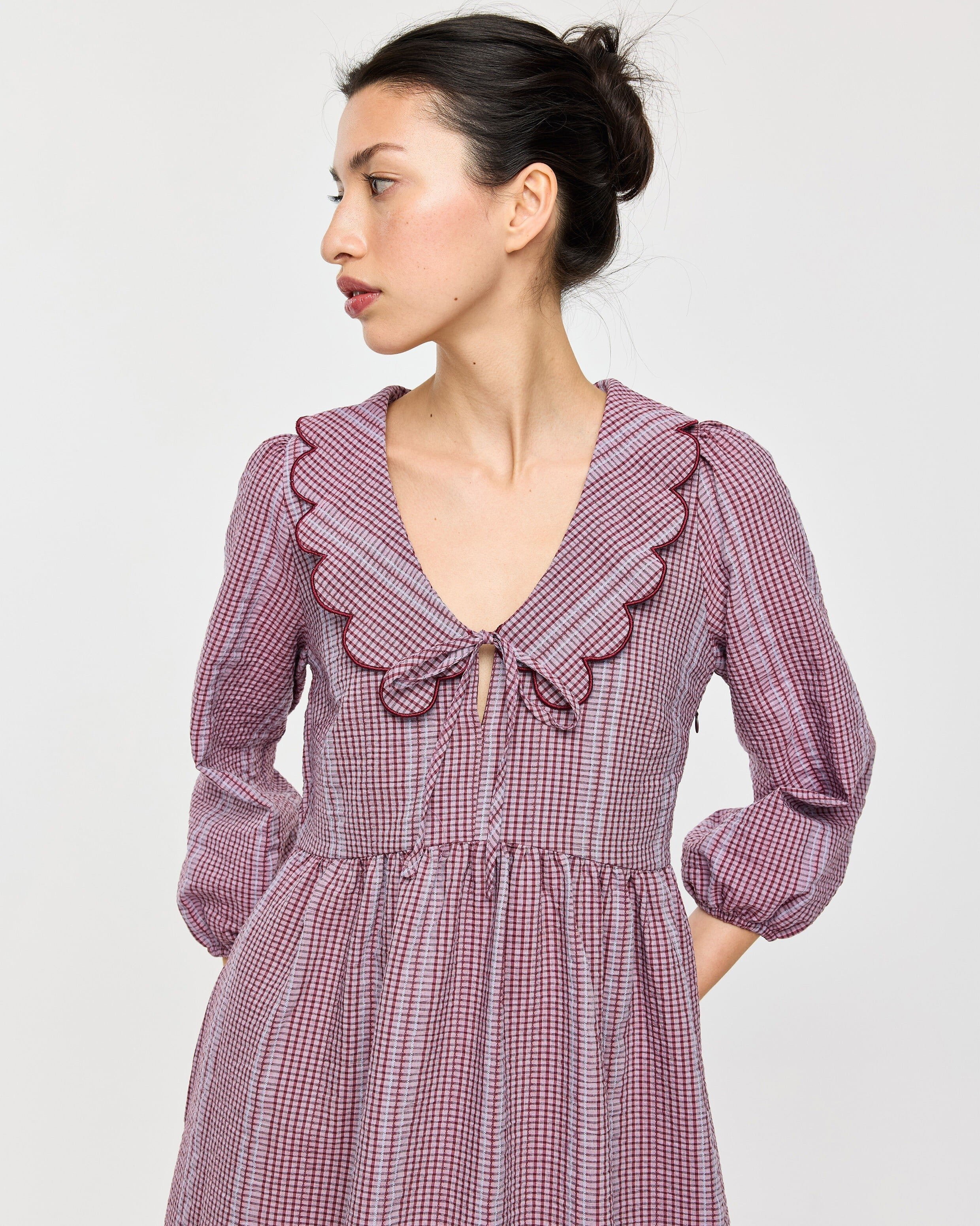 Burgundy Gingham Scalloped Collar Midi Dress