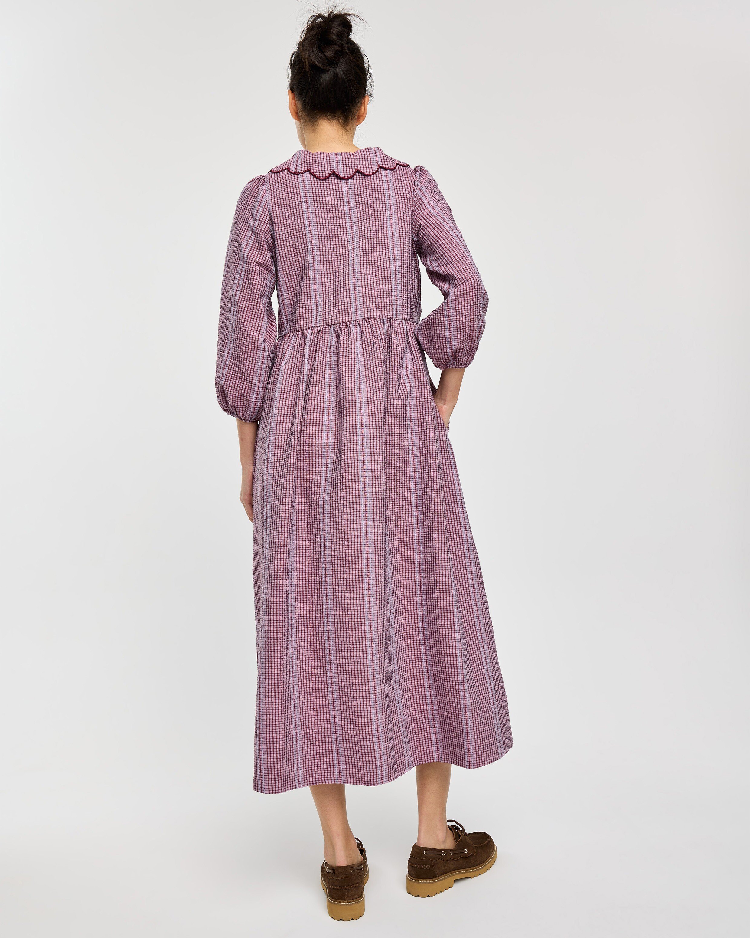 Burgundy Gingham Scalloped Collar Midi Dress