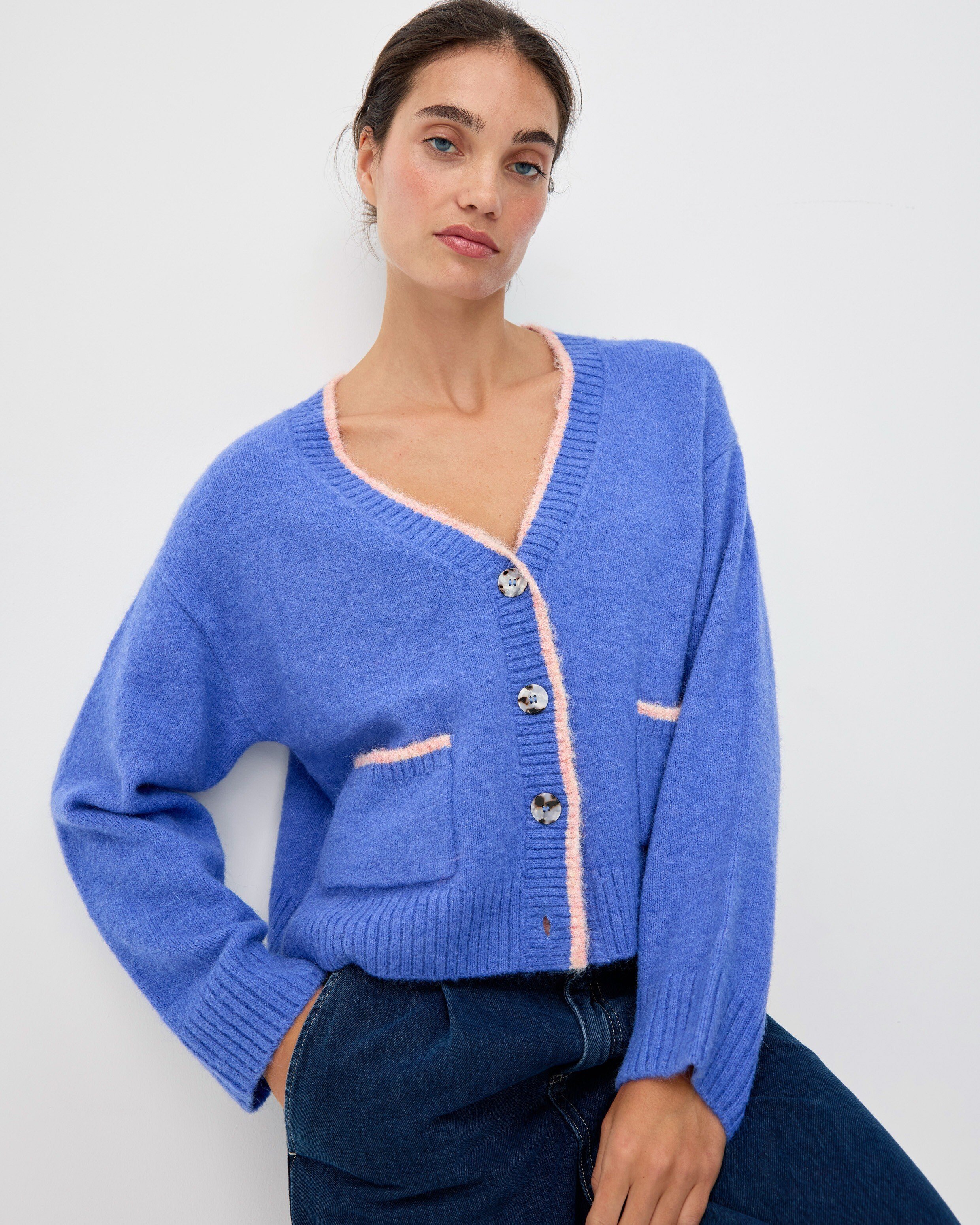 Fringe Shawl Cardigan Gap Blue Cardigan Cobalt Blue Pink Trim V