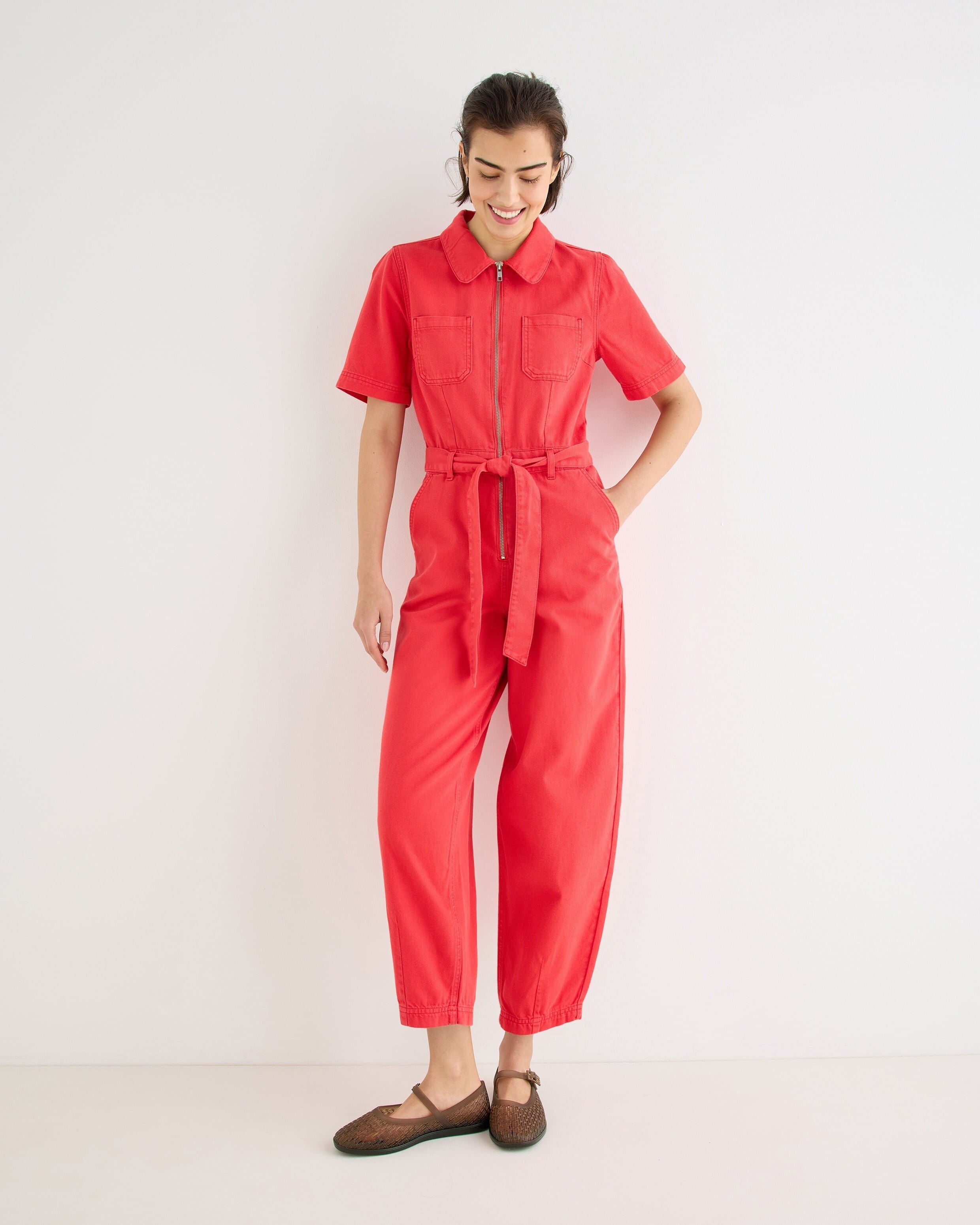 Red Denim Collared Short Sleeve Jumpsuit | Oliver Bonas