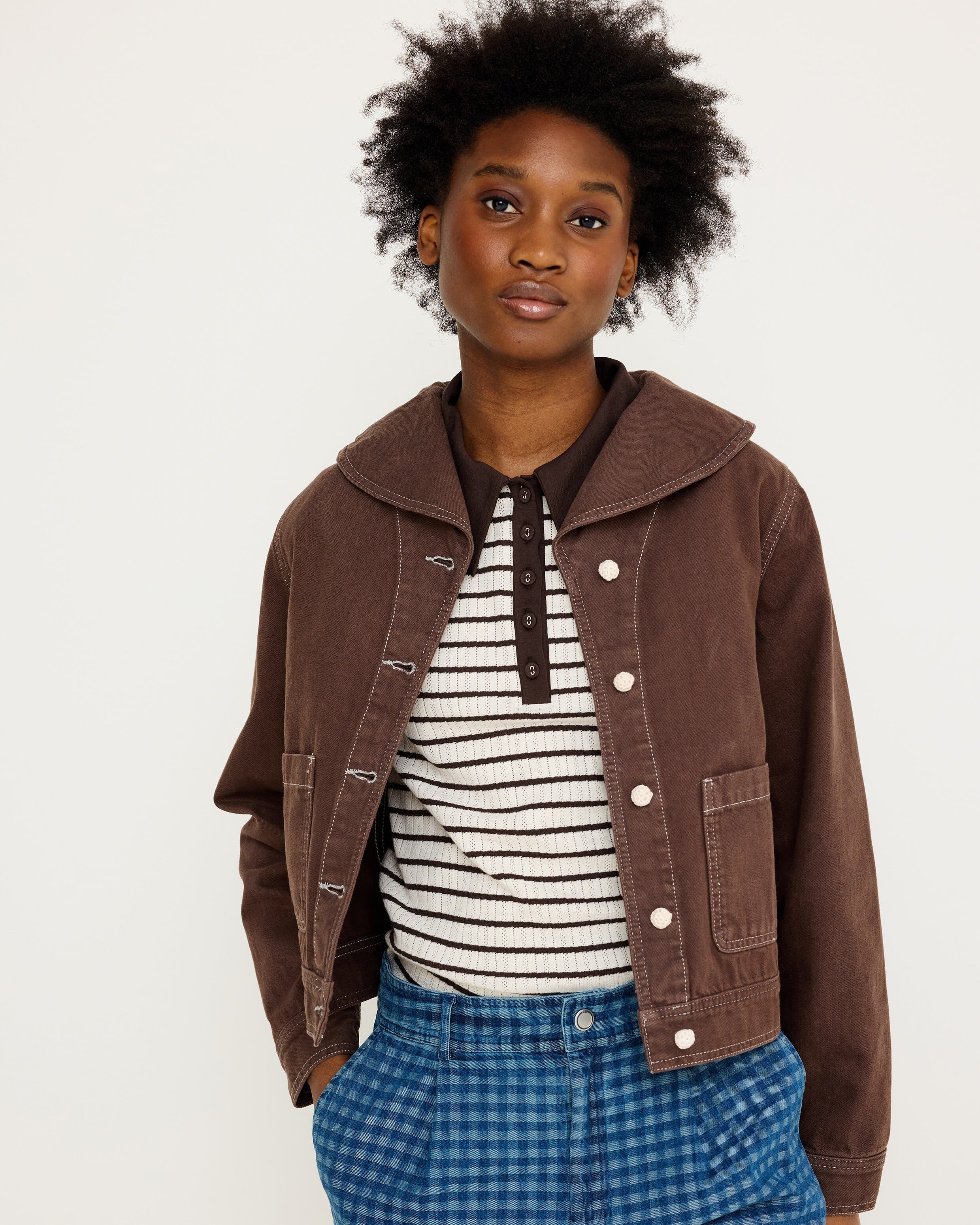 Chocolate Brown Sailor Collar Denim Jacket | Oliver Bonas