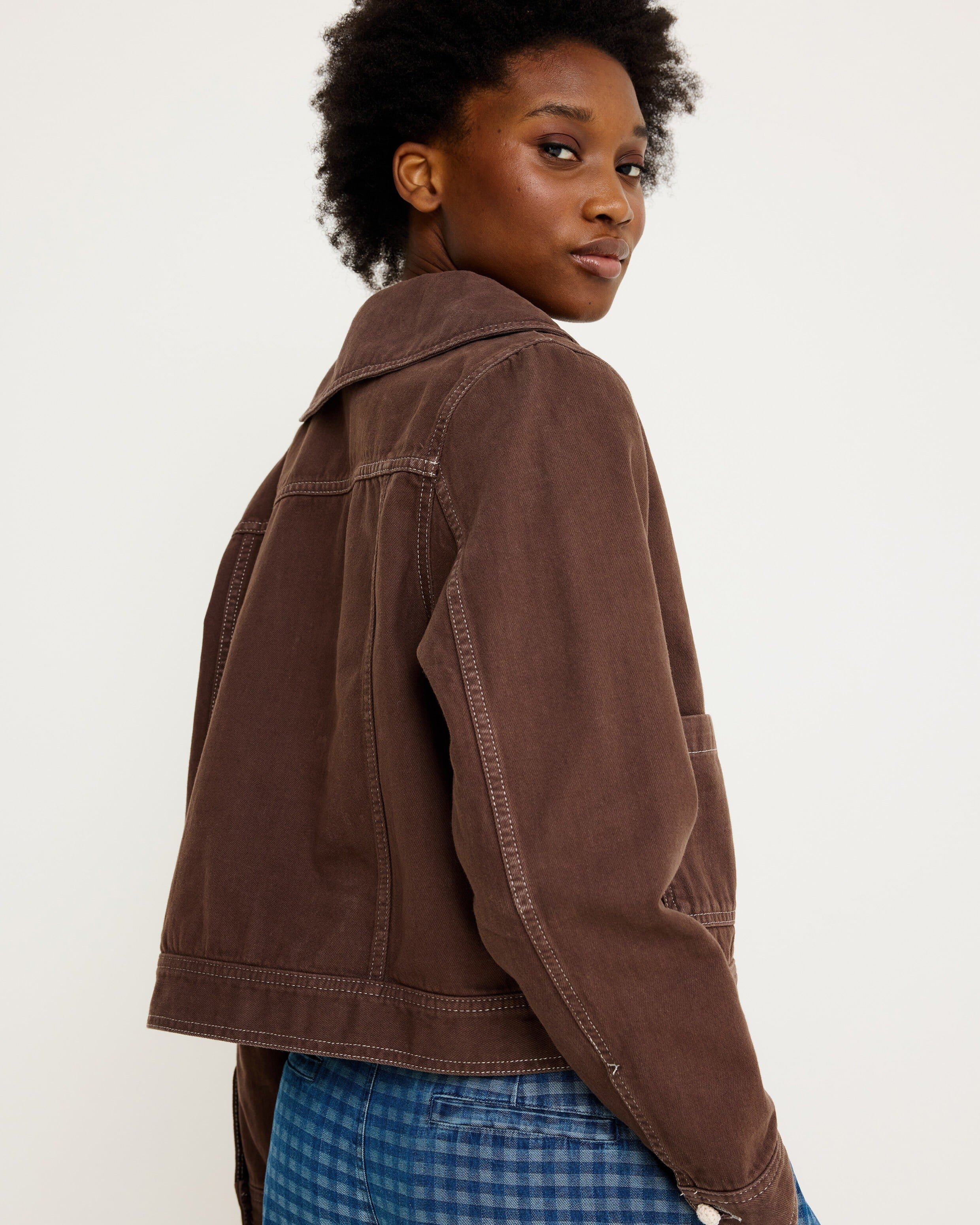 Chocolate Brown Sailor Collar Denim Jacket | Oliver Bonas
