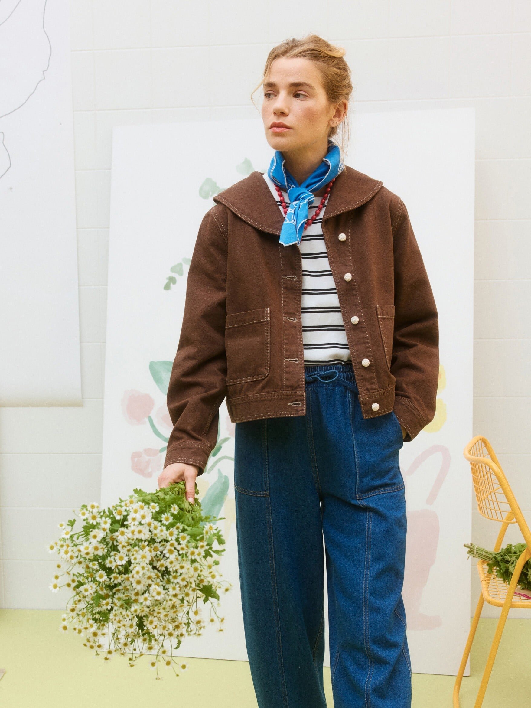 Chocolate Brown Sailor Collar Denim Jacket | Oliver Bonas
