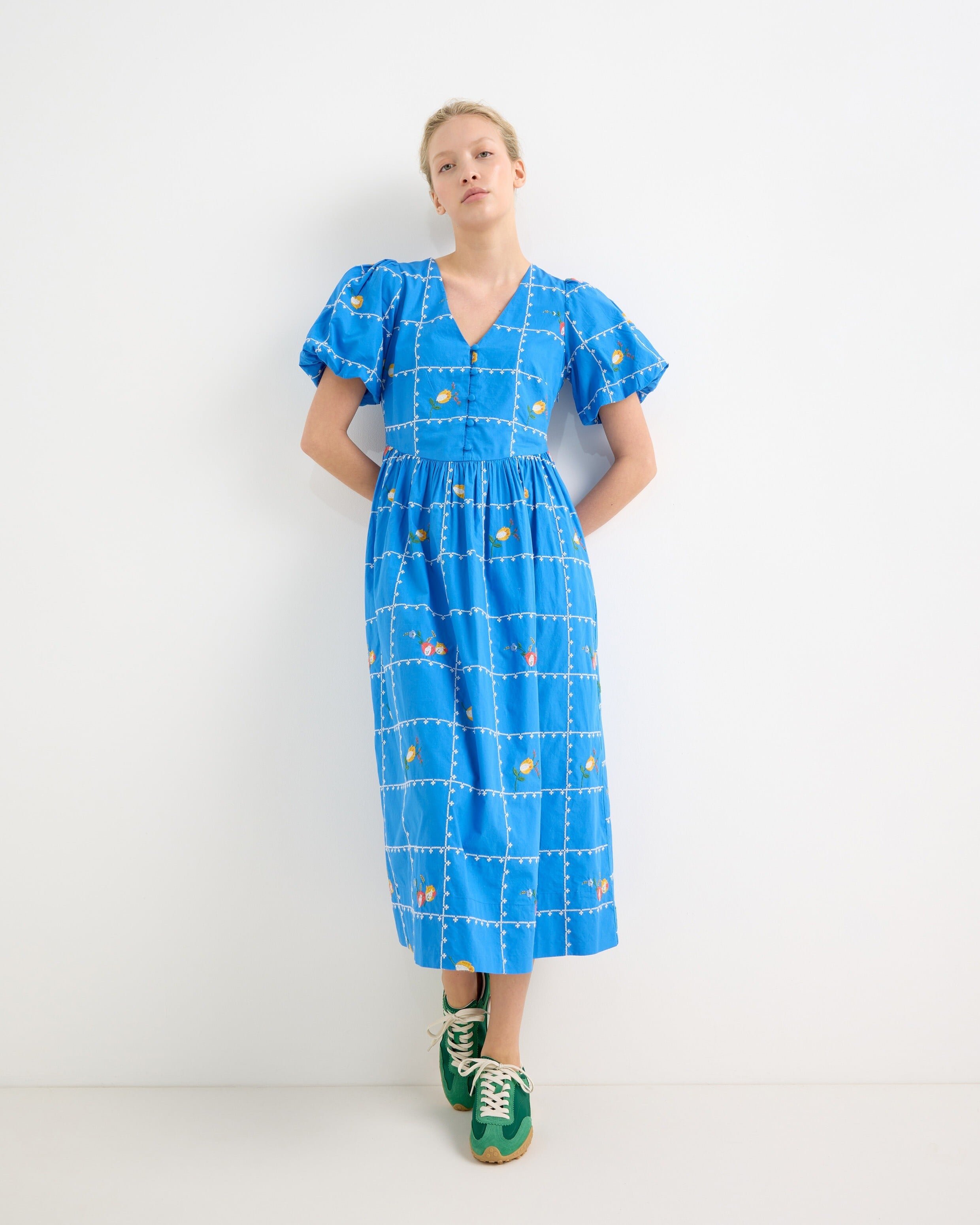Cobalt Blue Floral Embroidered Puff Sleeve Midi Dress | Oliver Bonas