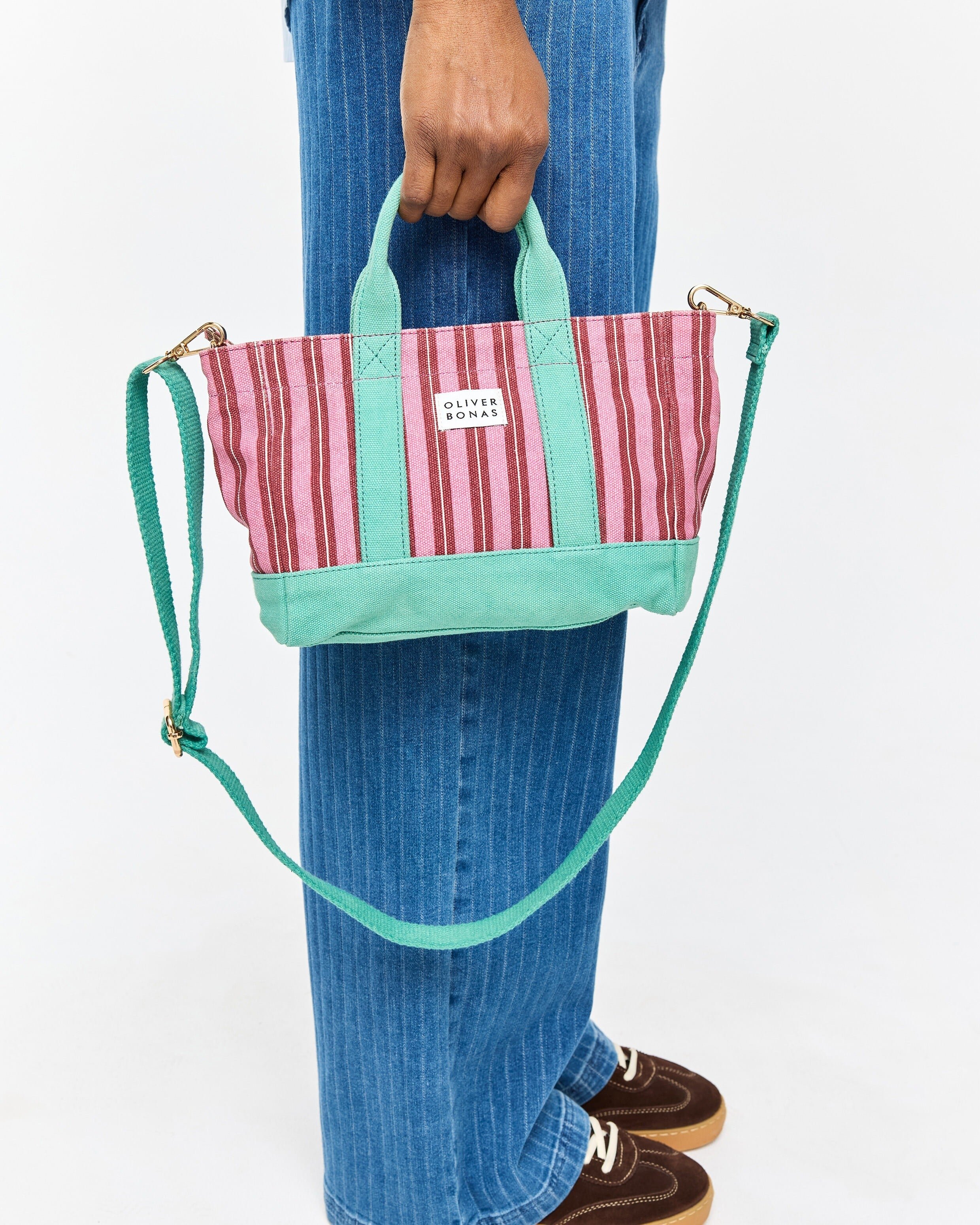 Pink Striped Logo Fabric Mini Tote Crossbody Bag