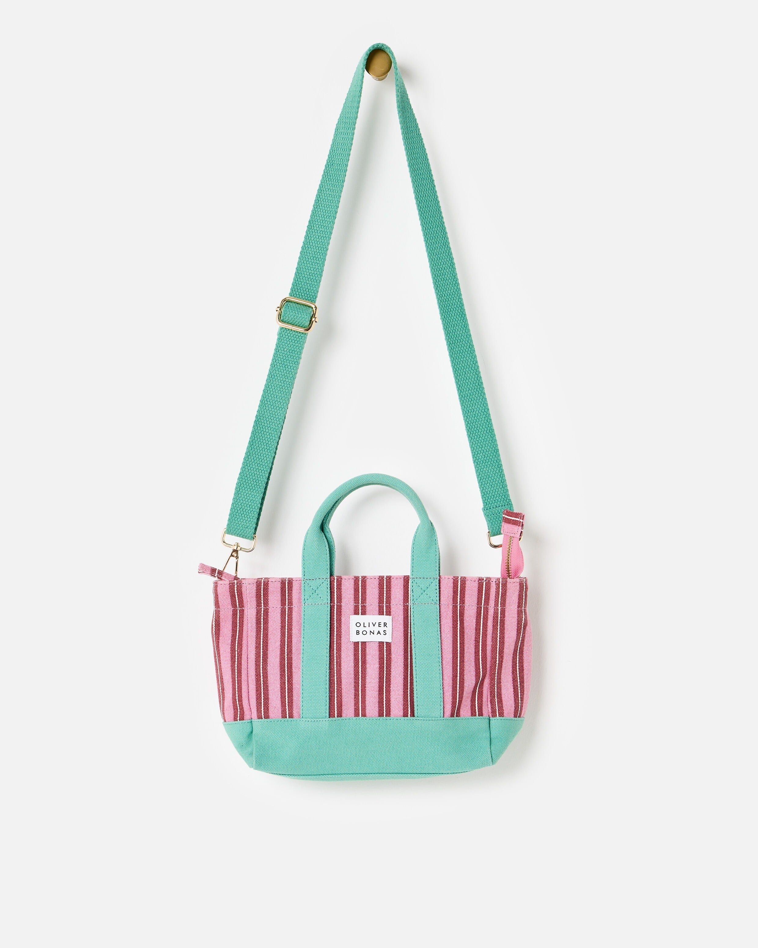 Pink Striped Logo Fabric Mini Tote Crossbody Bag