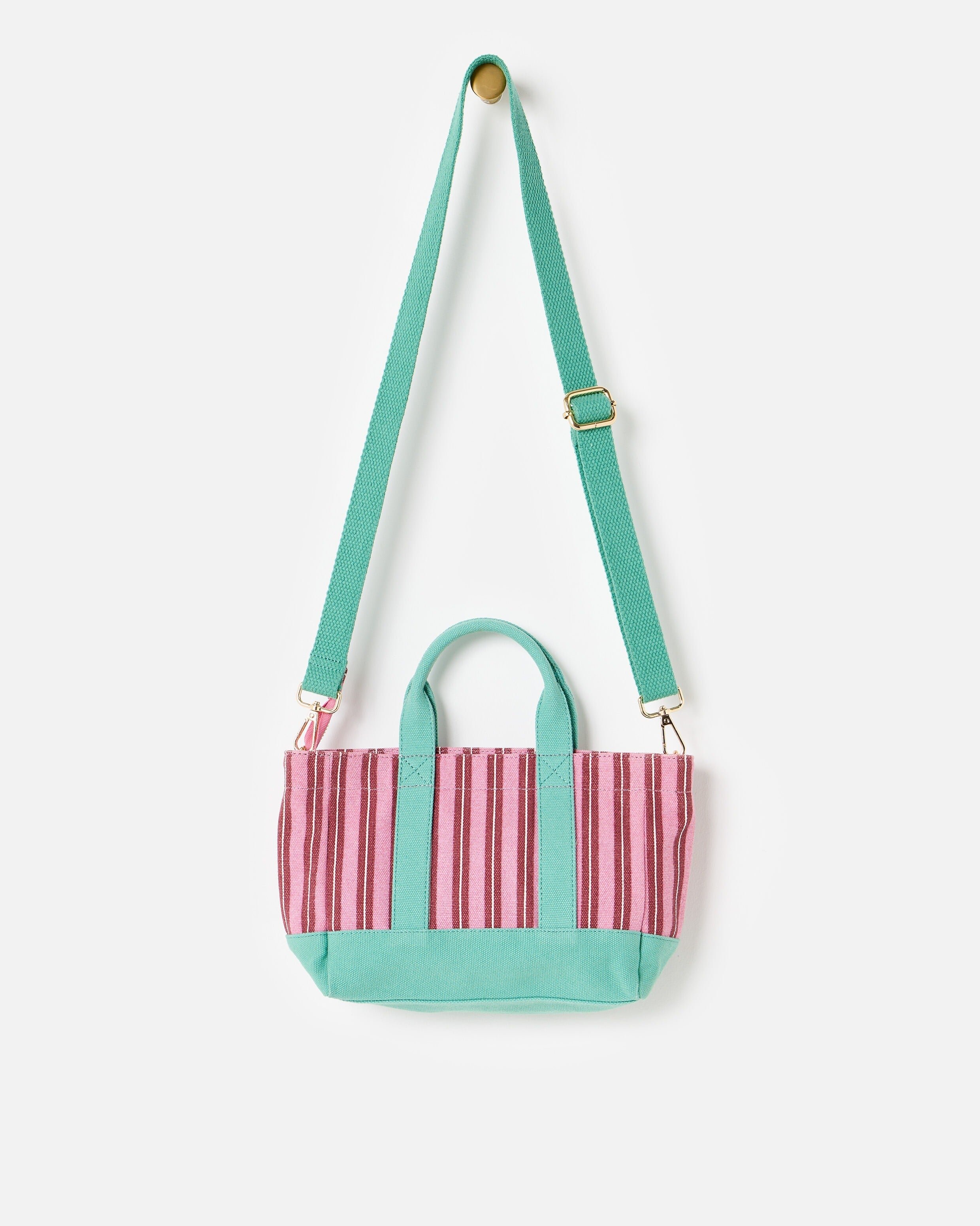 Pink Striped Logo Fabric Mini Tote Crossbody Bag