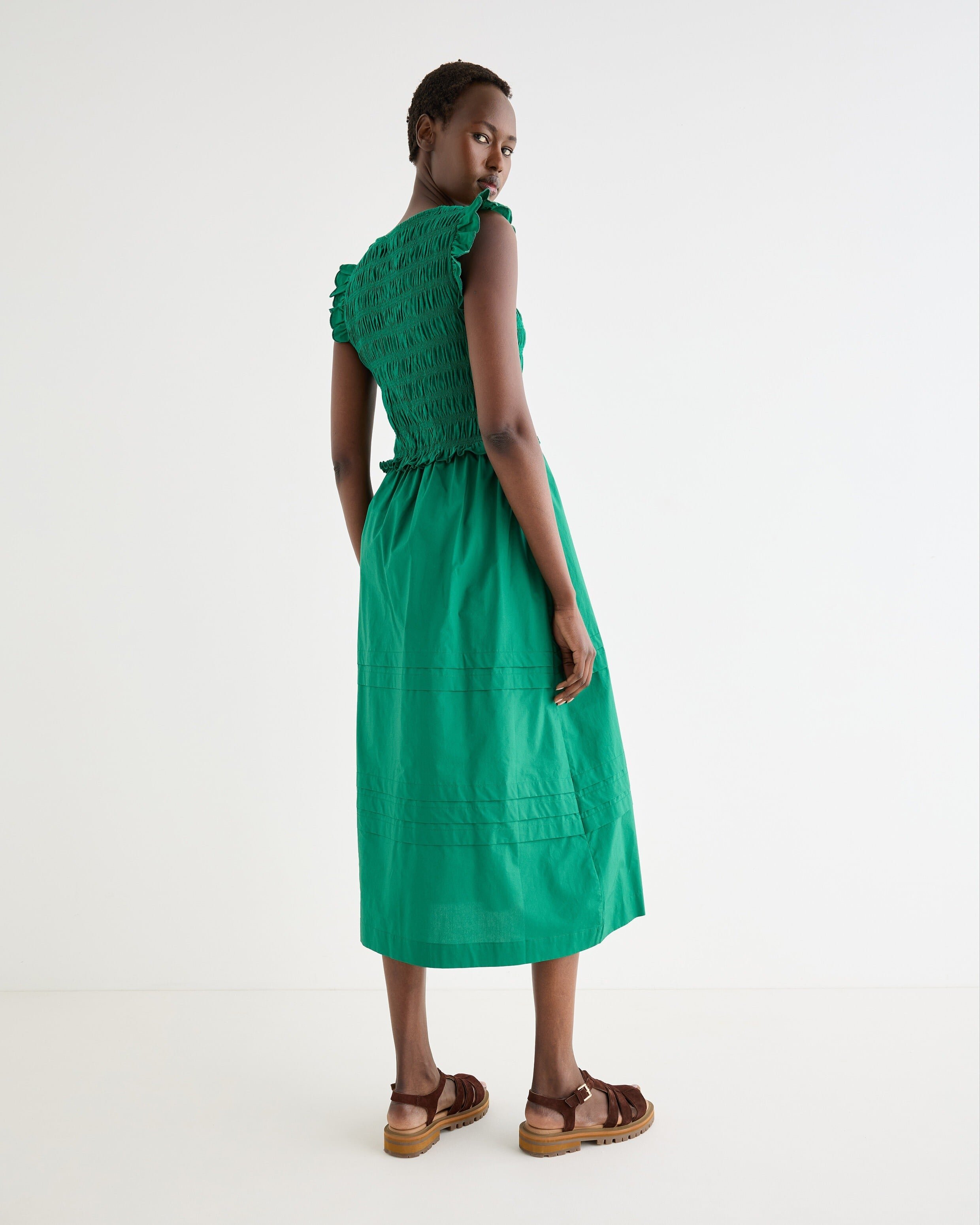 Green Shirred Bodice V-Neck Sleeveless Midi Dress | Oliver Bonas