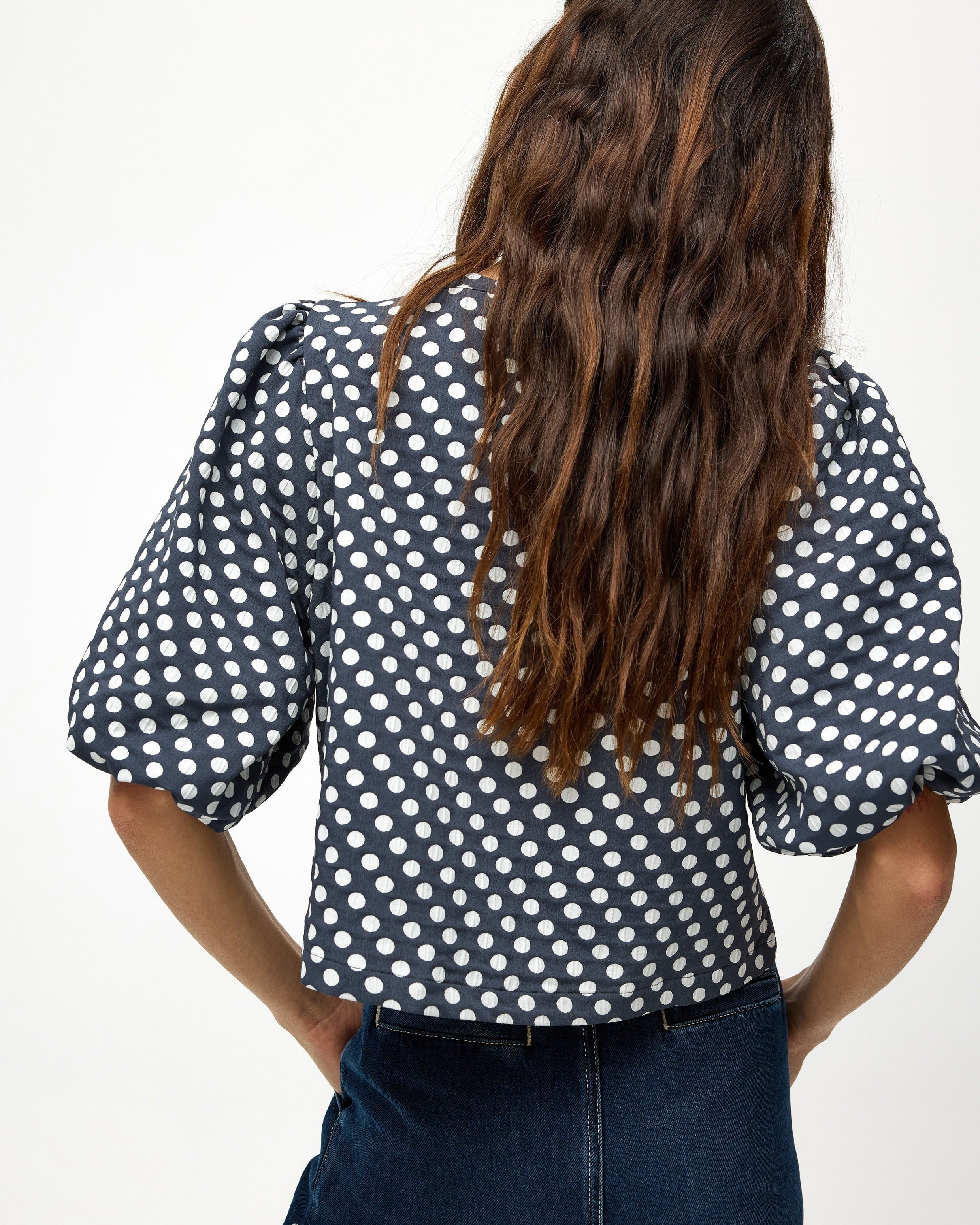 Monochrome Polka Dot Jacquard Puff Sleeve Top | Oliver Bonas