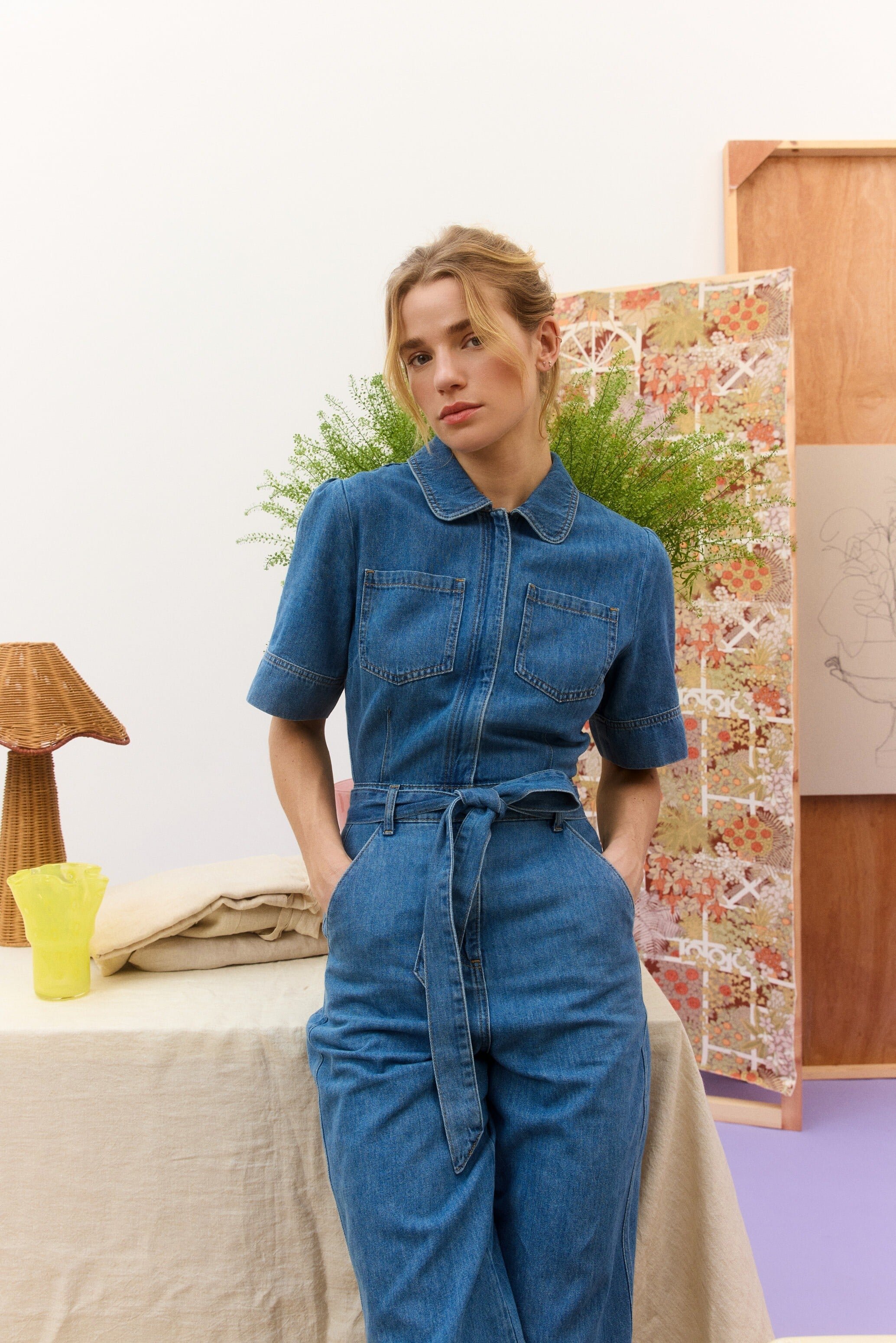 Blue Denim Zip Up Short Sleeve Jumpsuit | Oliver Bonas