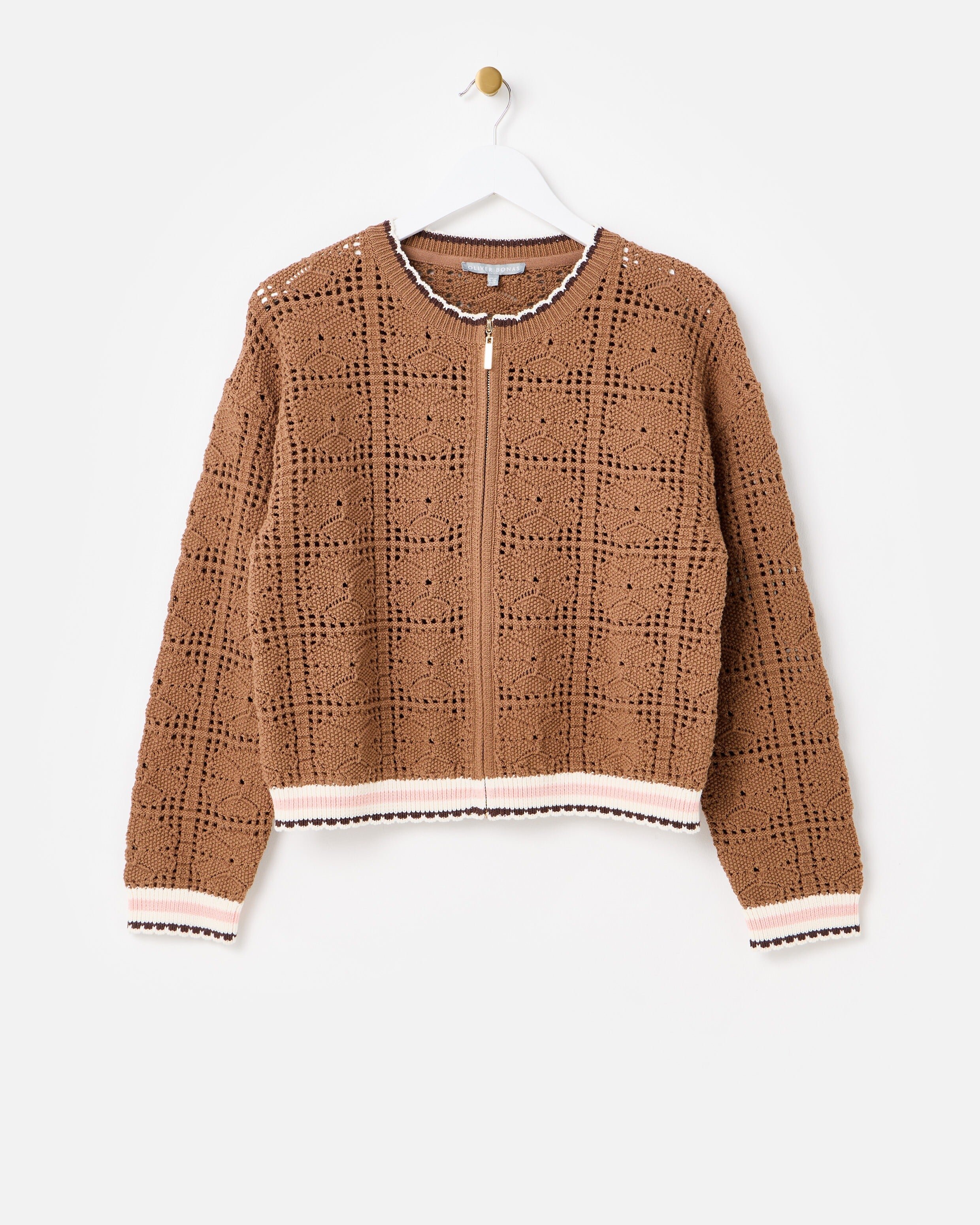 Mocha Brown Crochet Zip Up Bomber Jacket | Oliver Bonas