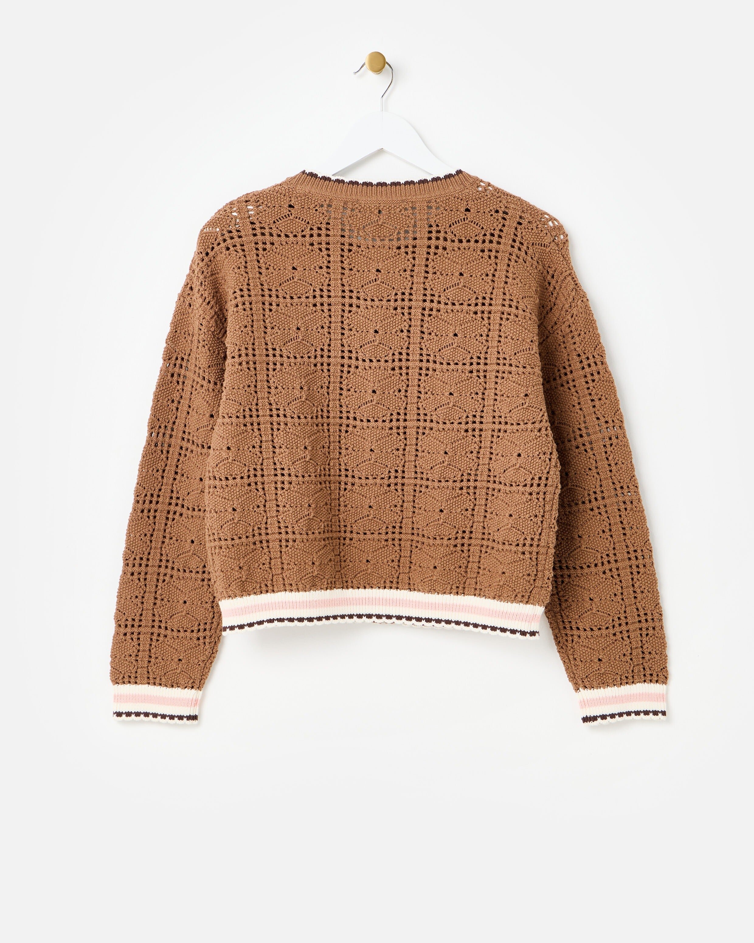Mocha Brown Crochet Zip Up Bomber Jacket | Oliver Bonas