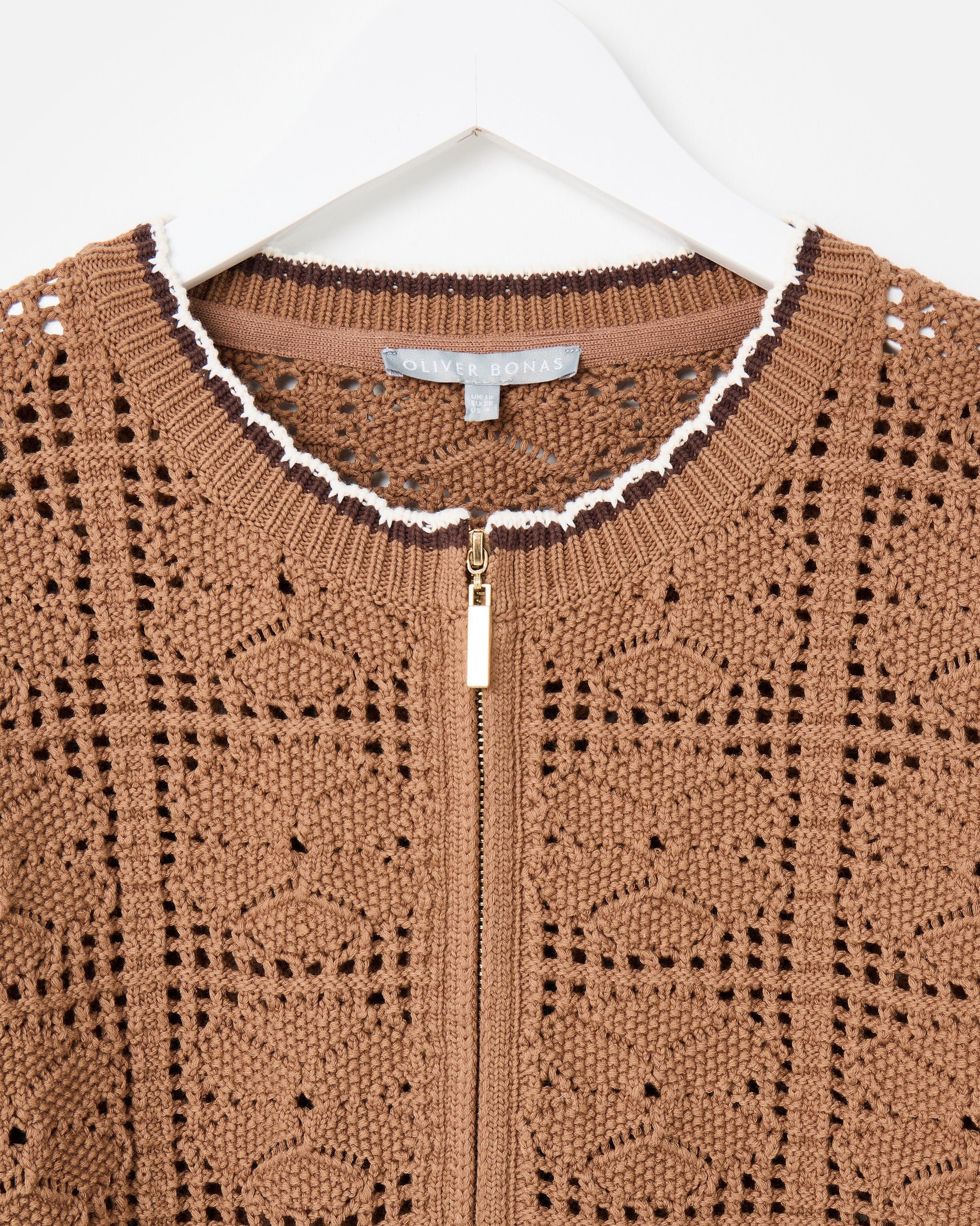 Mocha Brown Crochet Zip Up Bomber Jacket | Oliver Bonas