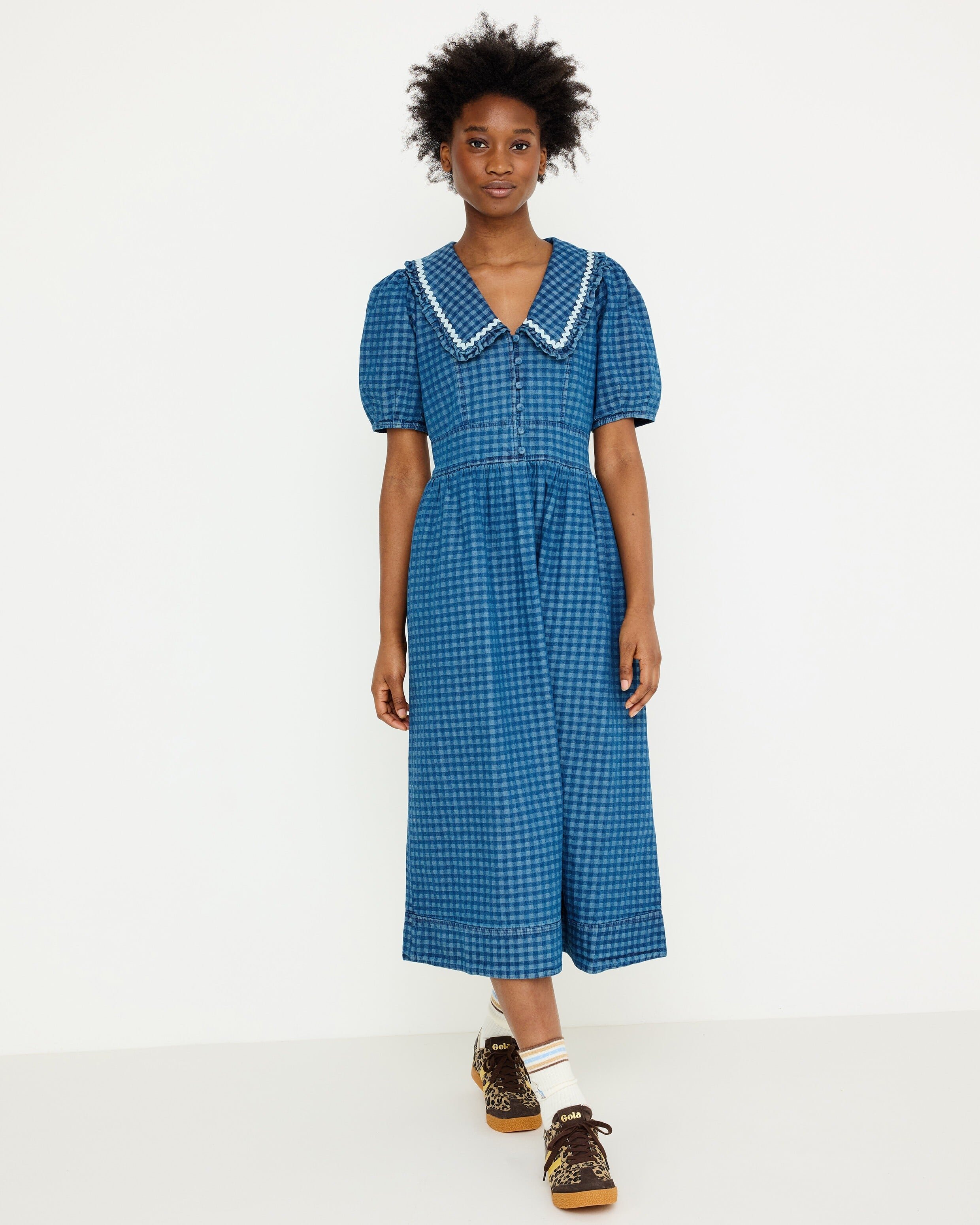 Blue Denim Gingham Collar Midi Dress | Oliver Bonas Blue Denim Gingham Collar Midi Dress | Oliver Bonas