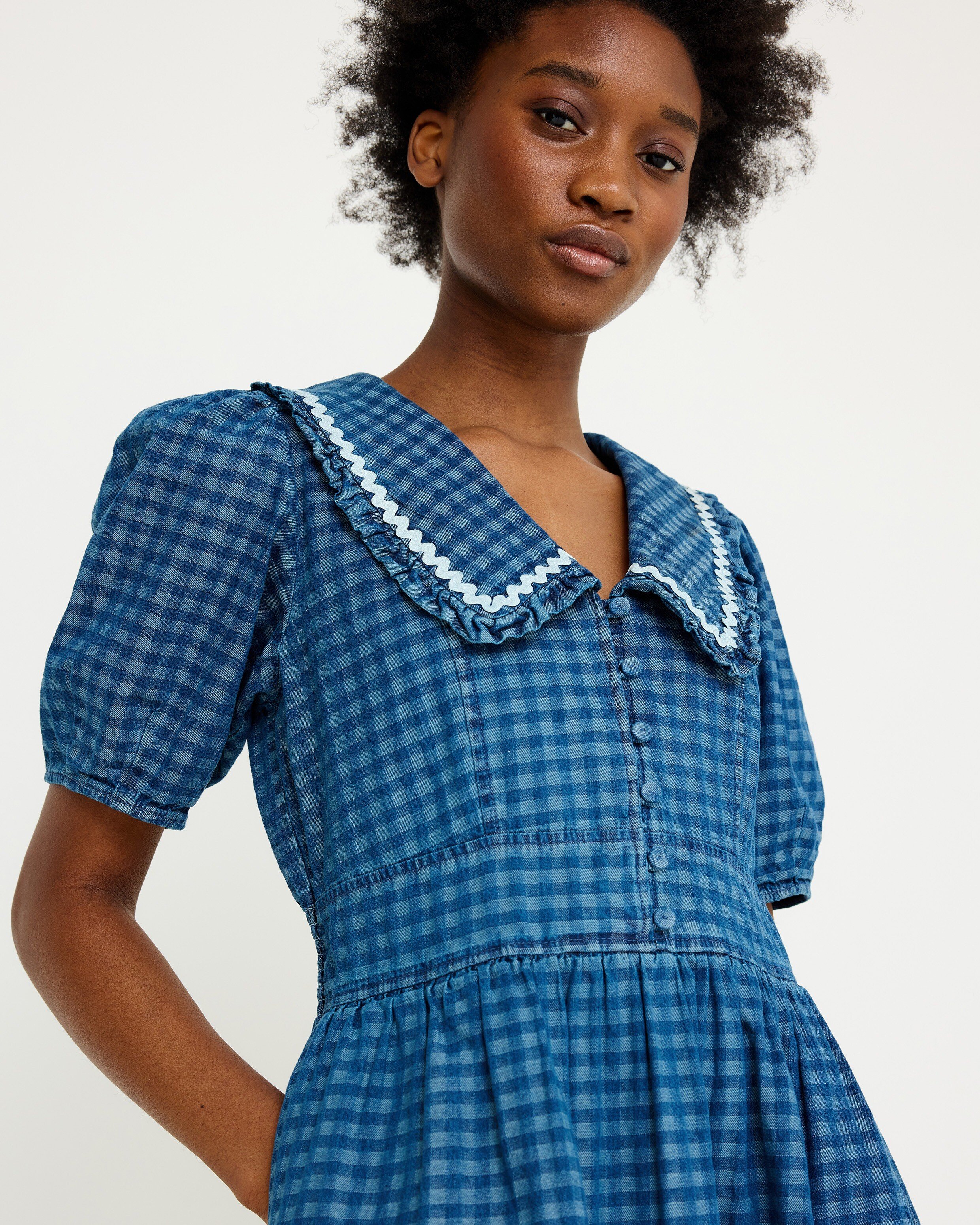 Blue Denim Gingham Collar Midi Dress | Oliver Bonas